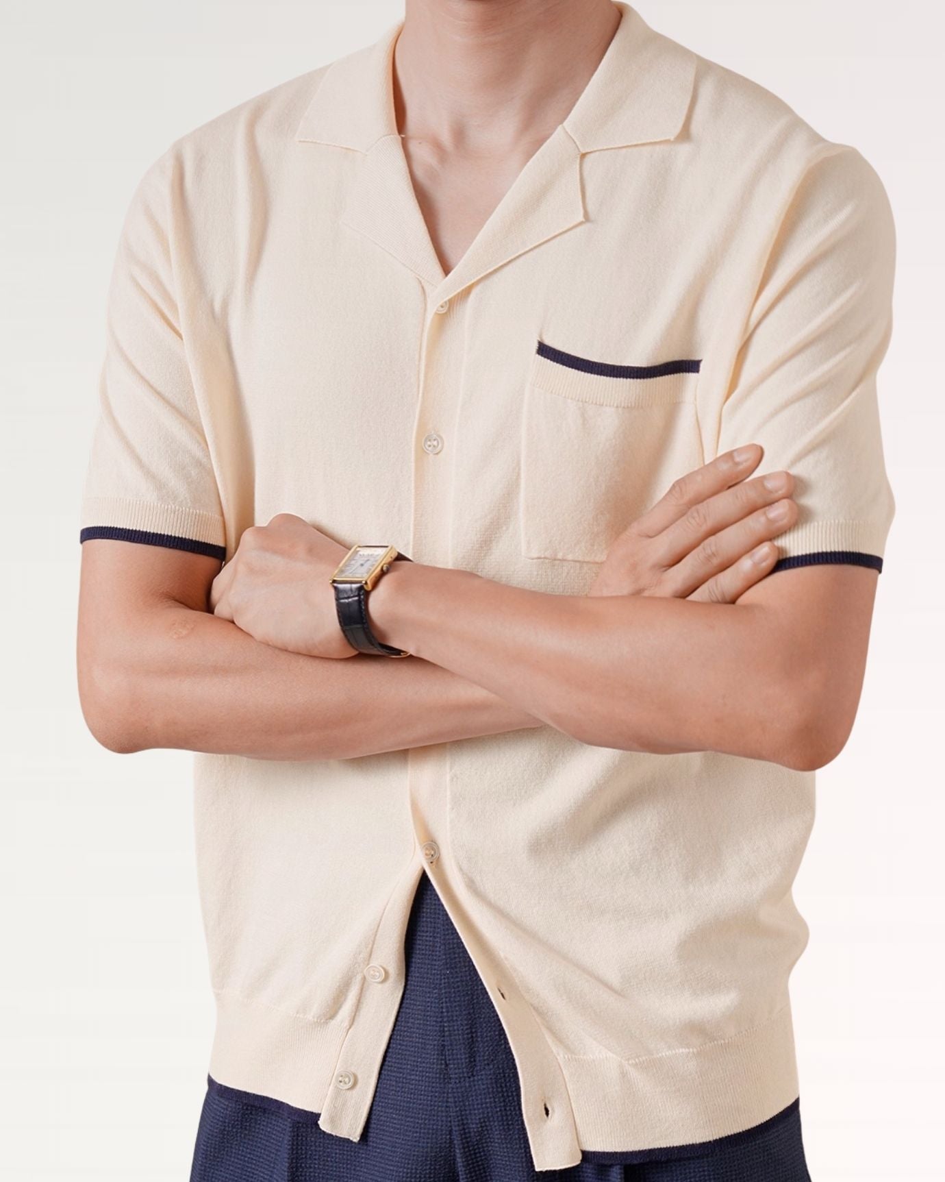 Close-up of button placket and fabric weave on Light Apricot breathable shirt