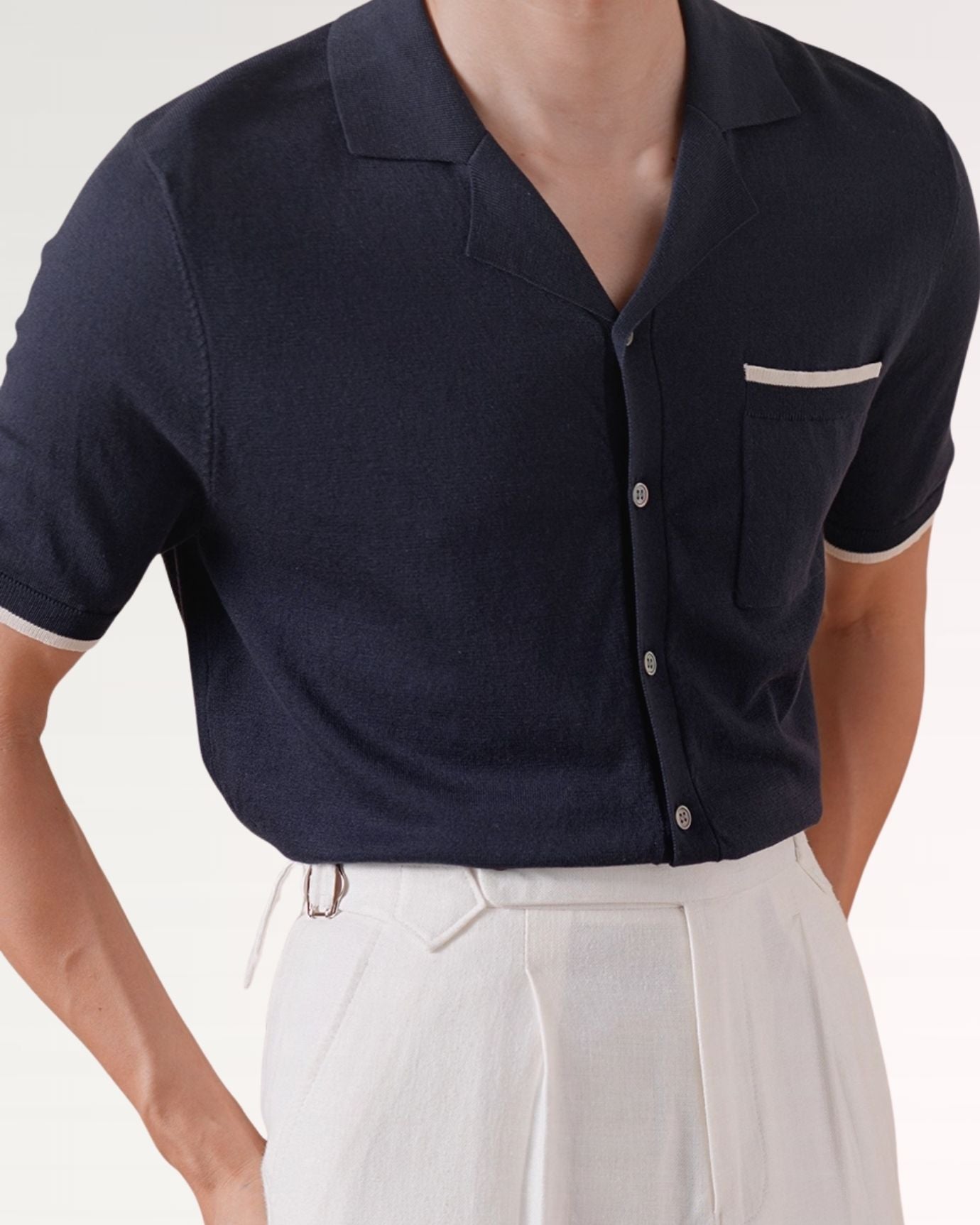 Front pocket detail on Royal Blue Cuban Collar Shirt made with light cotton