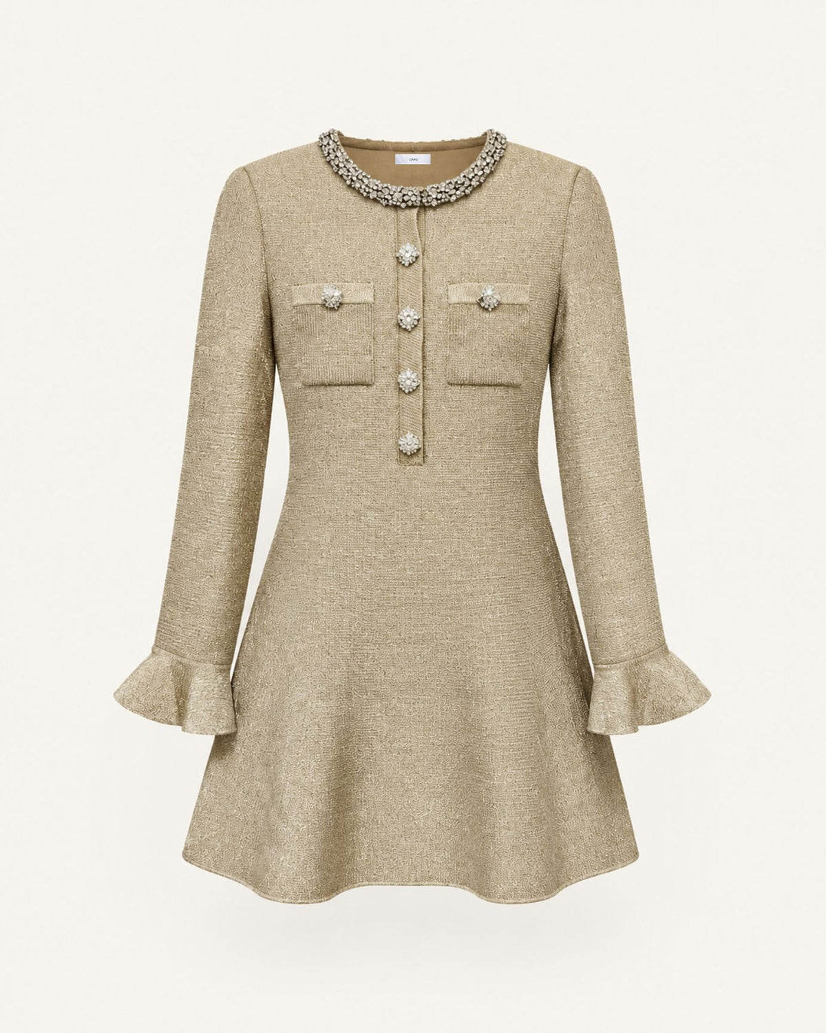 Zira Gold Stretch-Knit Ruffle Mini Dress