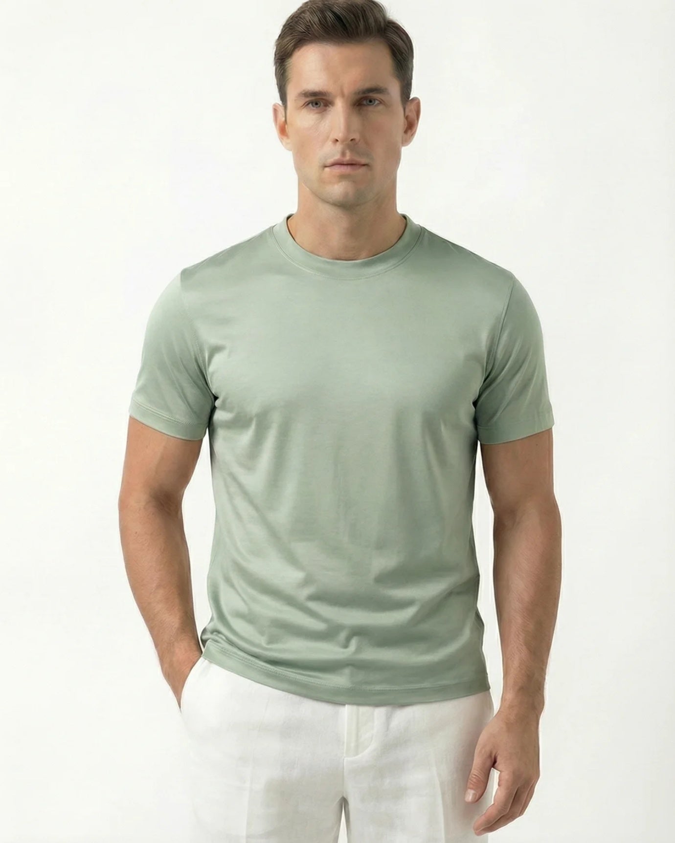 High-Count Green Tea Mercerized Cotton Round Neck Breathable T-Shirt