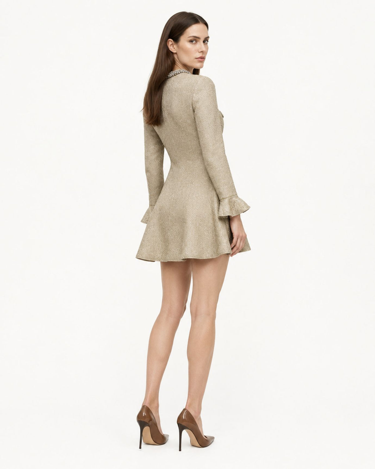 Zira Gold Stretch-Knit Ruffle Mini Dress