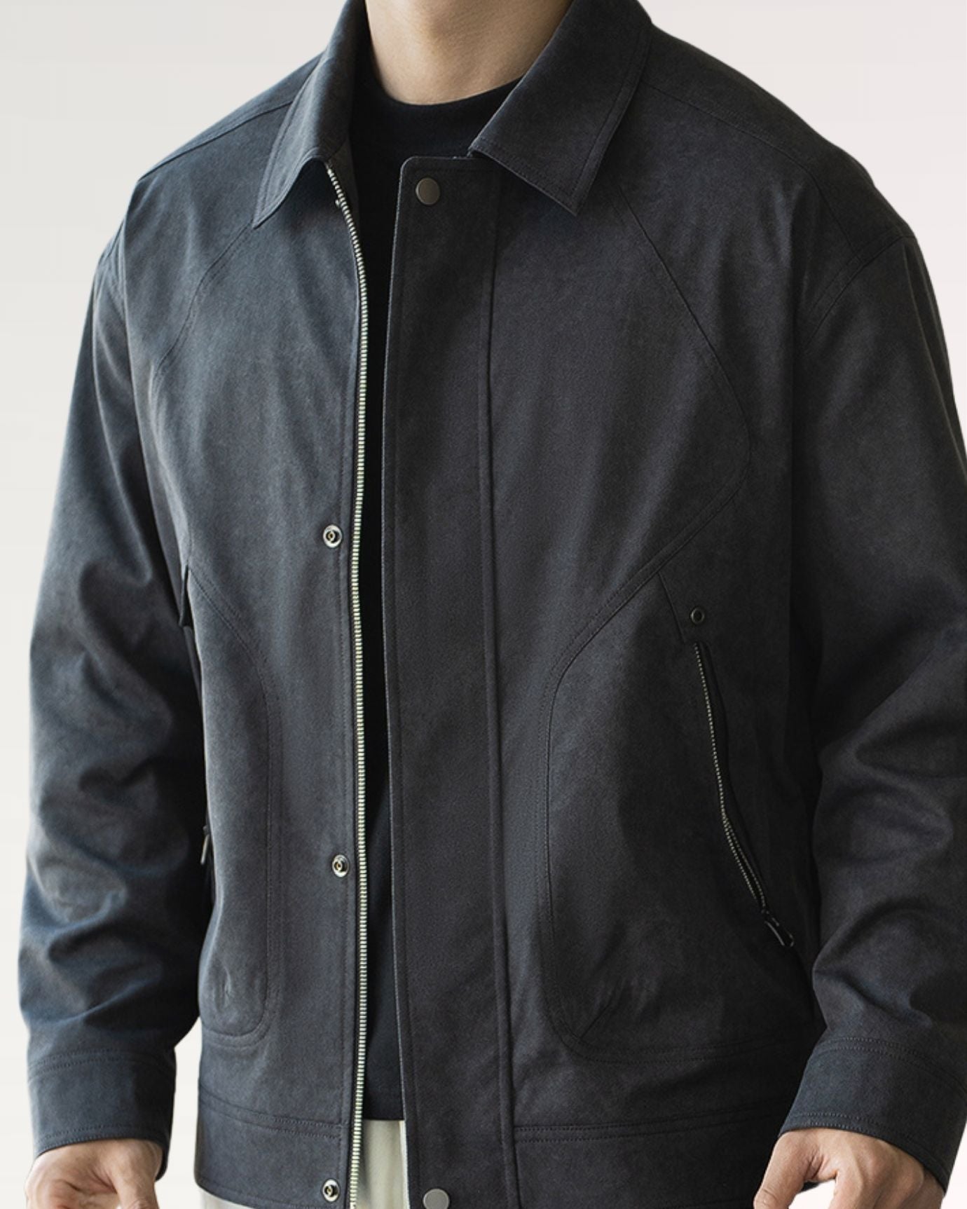 Crush Jacket front view with visible pocket zipper and sleek button closure