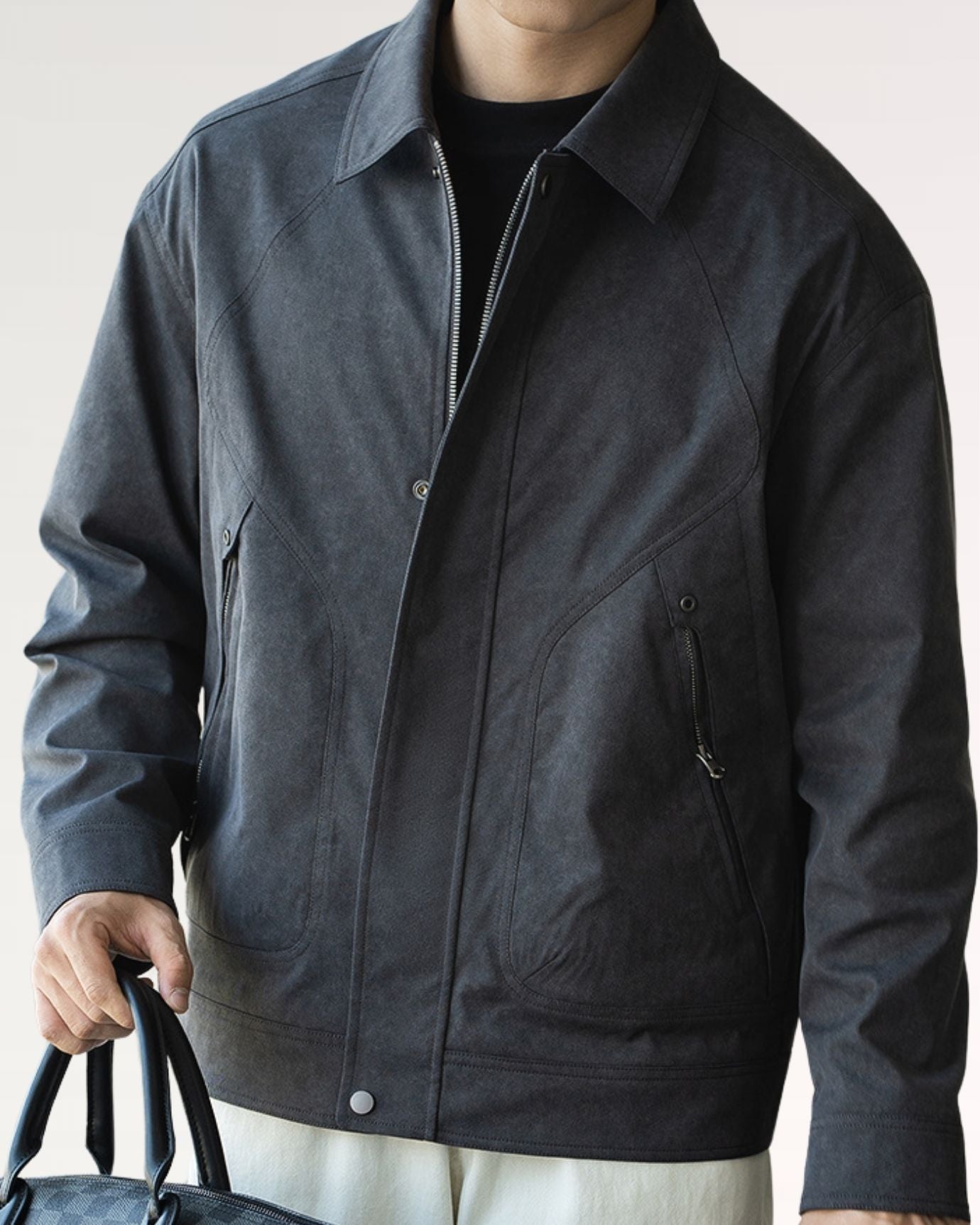 Model wearing Crush Jacket highlighting zipped pocket and stylish collar