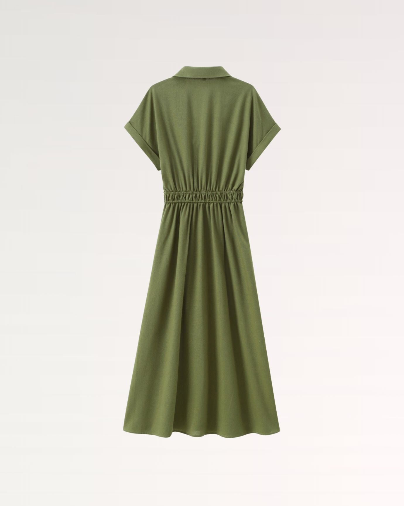 Relaxed fit long dress with gathered waist detail and natural fabric texture
