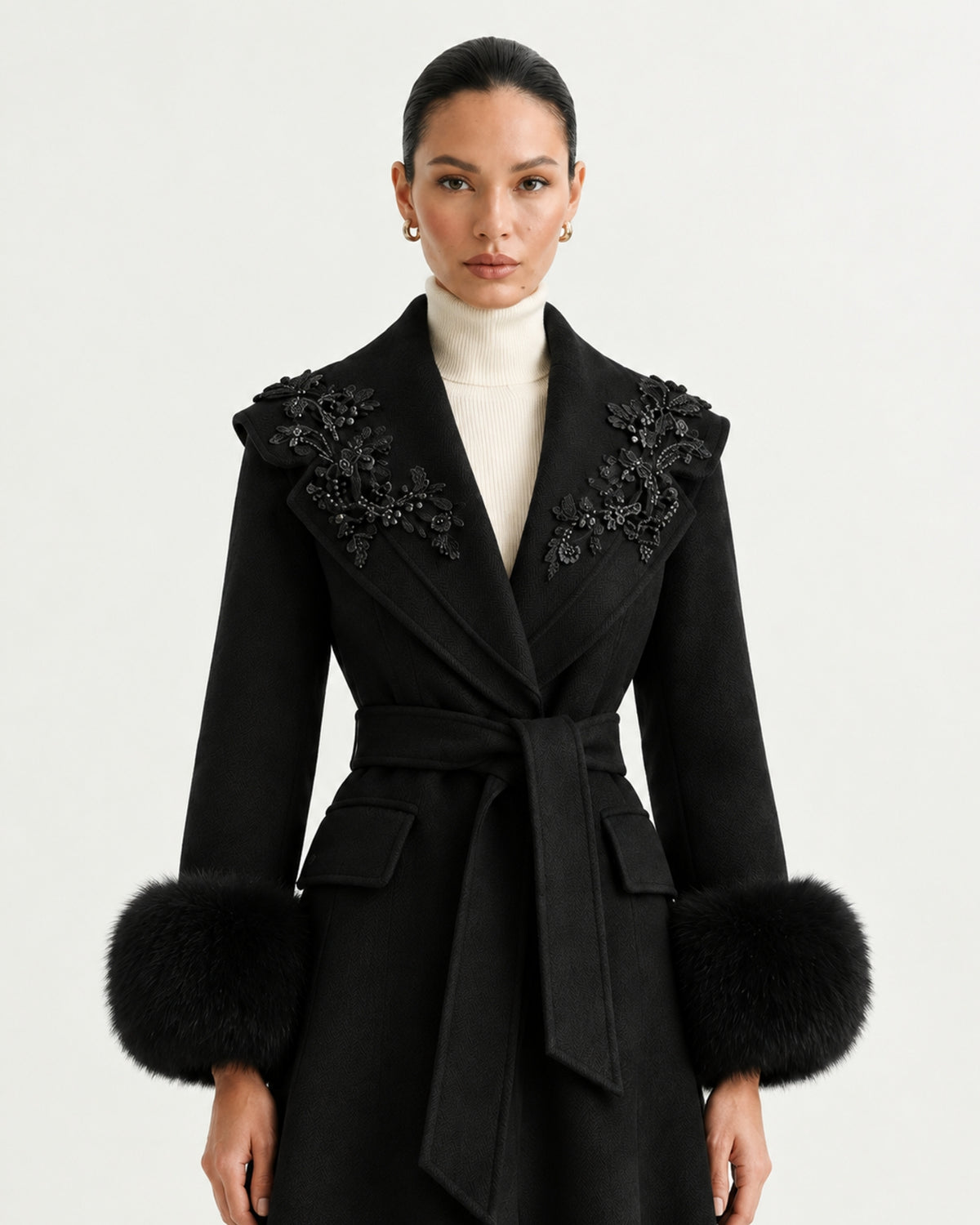 Hamptons Fox Fur Collar Embellished Wool Cashmere Coat
