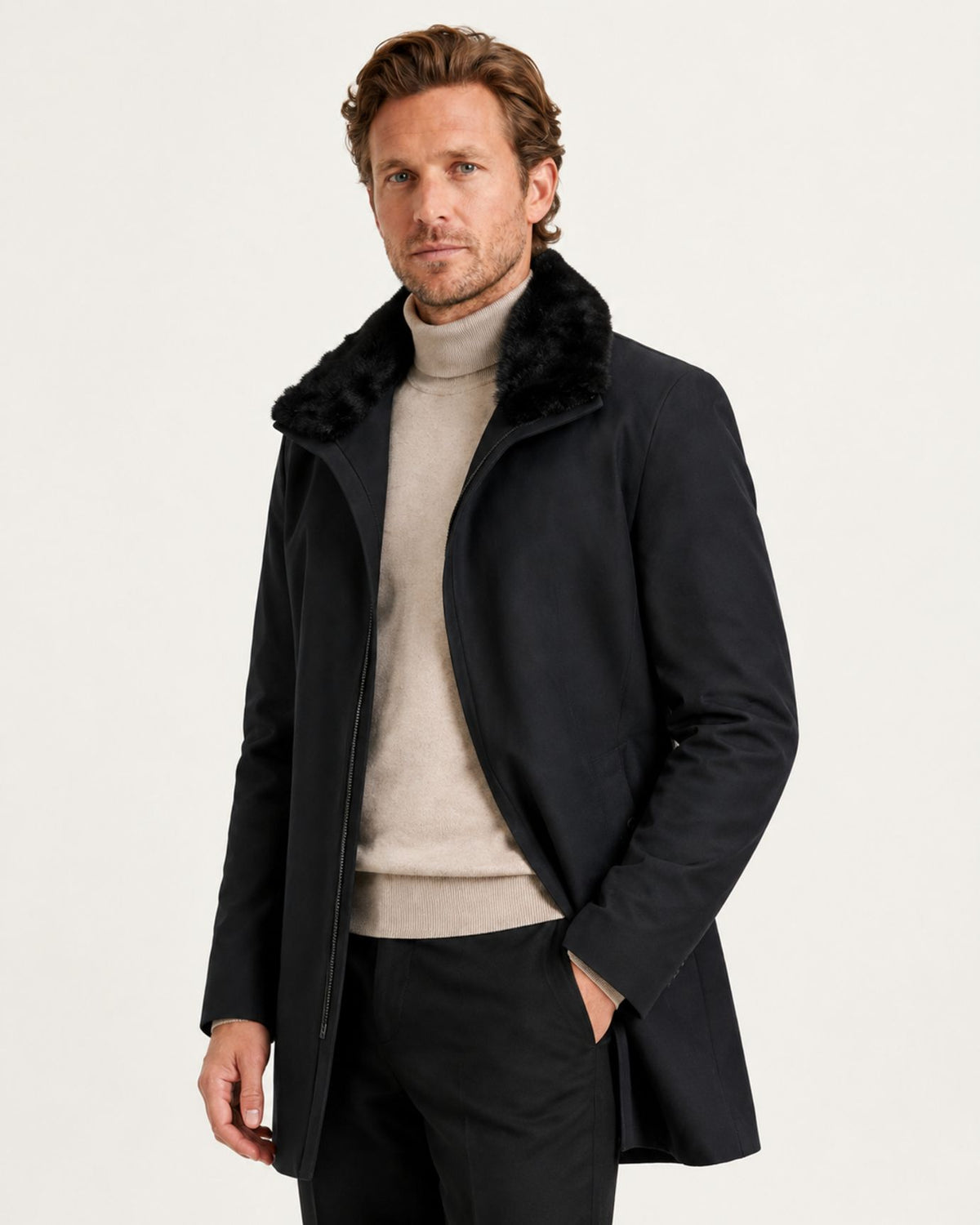 High-end Mid-Length Mink-Lined Parka with Fur Collar