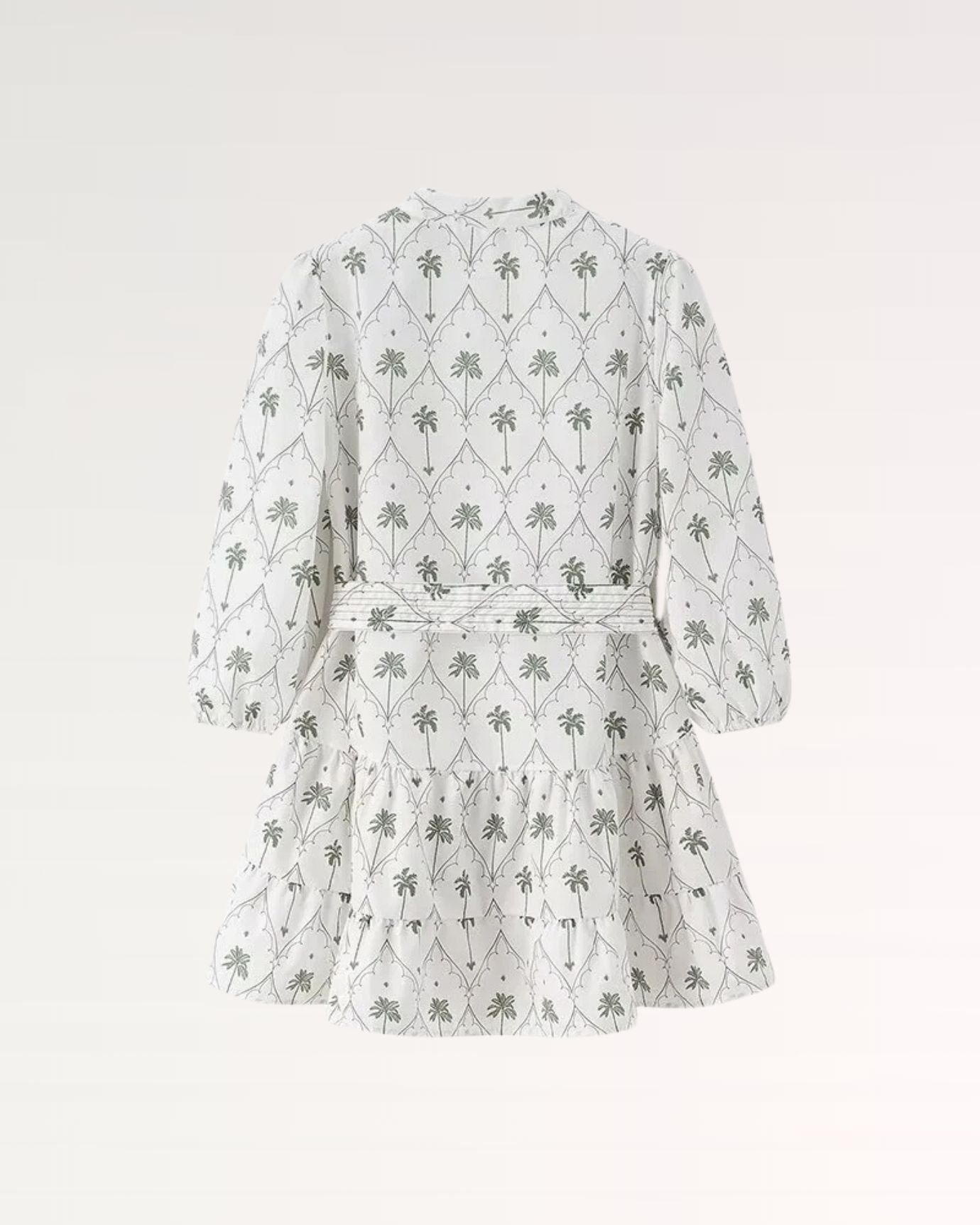 back view of light palm dress with subtle seam details