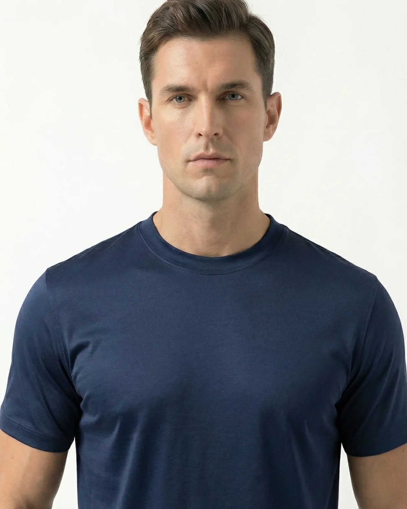 High-Count Dark Navy Mercerized Cotton Round Neck Breathable T-Shirt