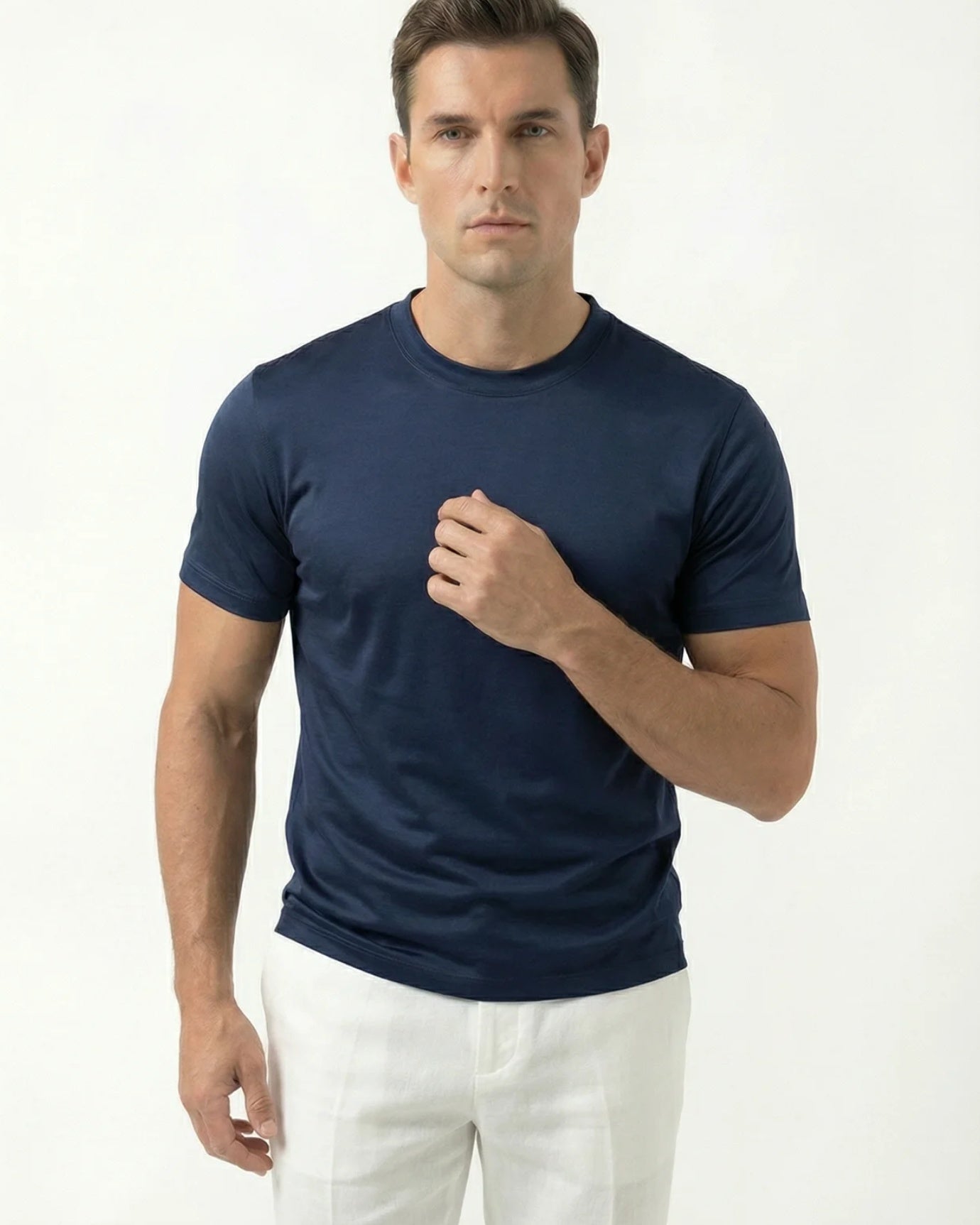 High-Count Dark Navy Mercerized Cotton Round Neck Breathable T-Shirt