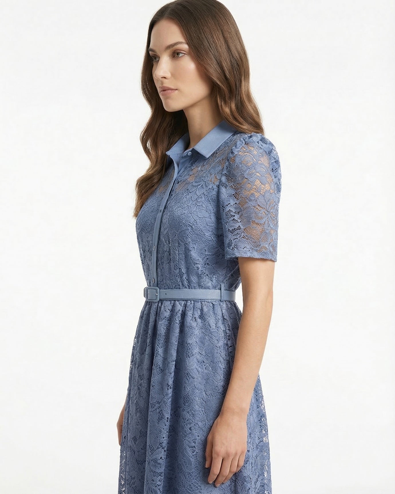 Retro Blue Dress Embroidery High Waisted