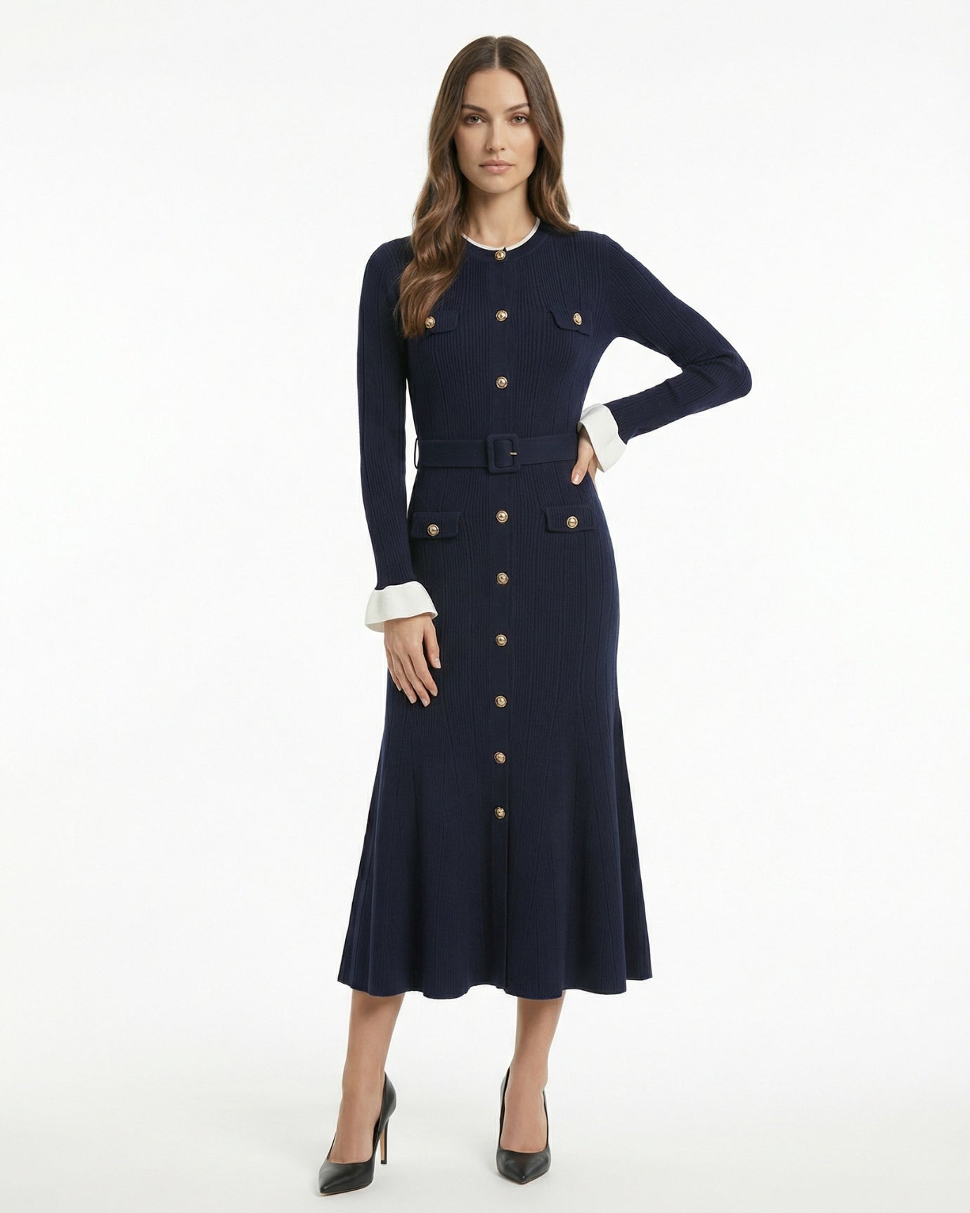 In Paris Style Long-Sleeved Dress with Belt
