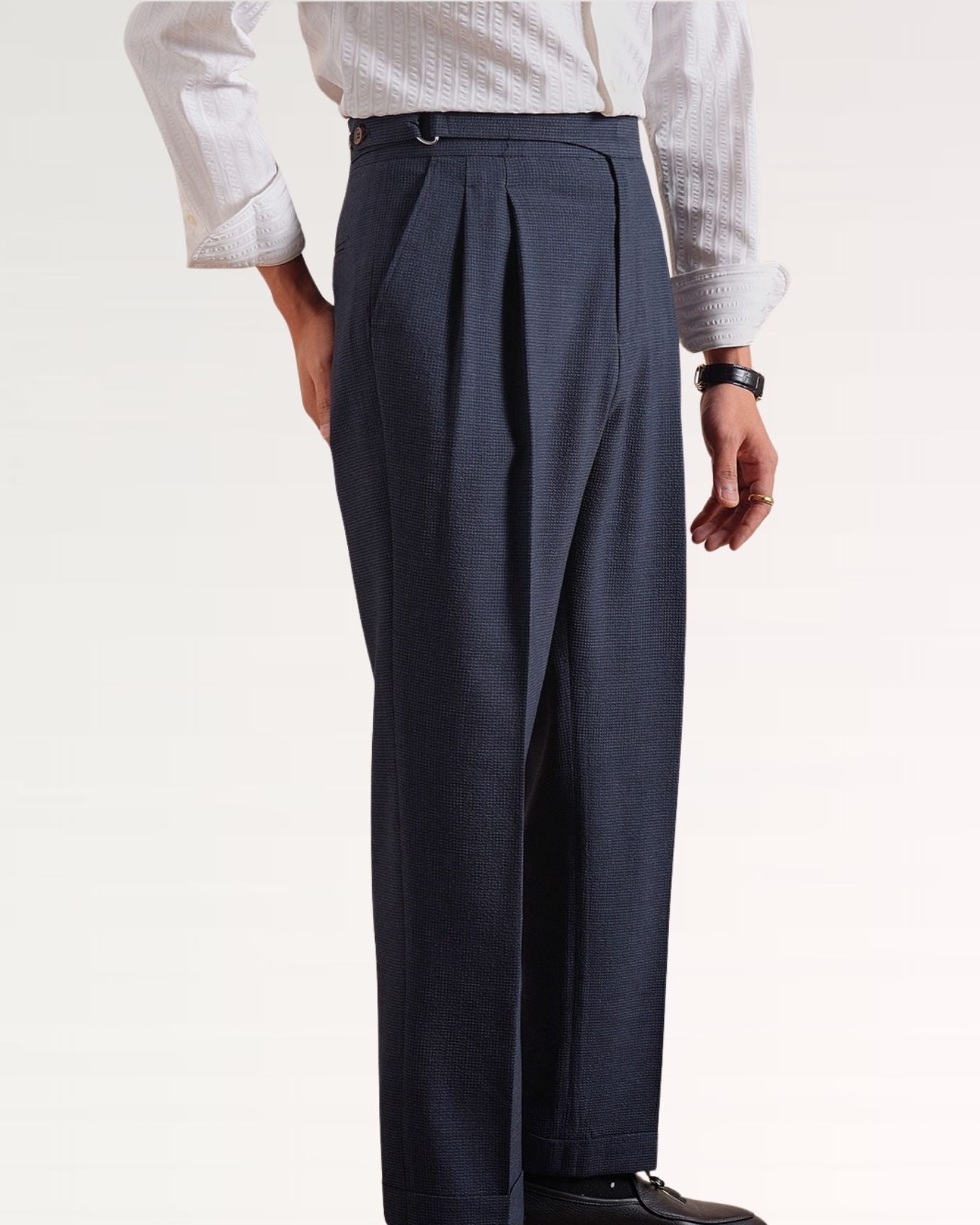 Front view of breathable Italian trousers featuring high waistband and flat front