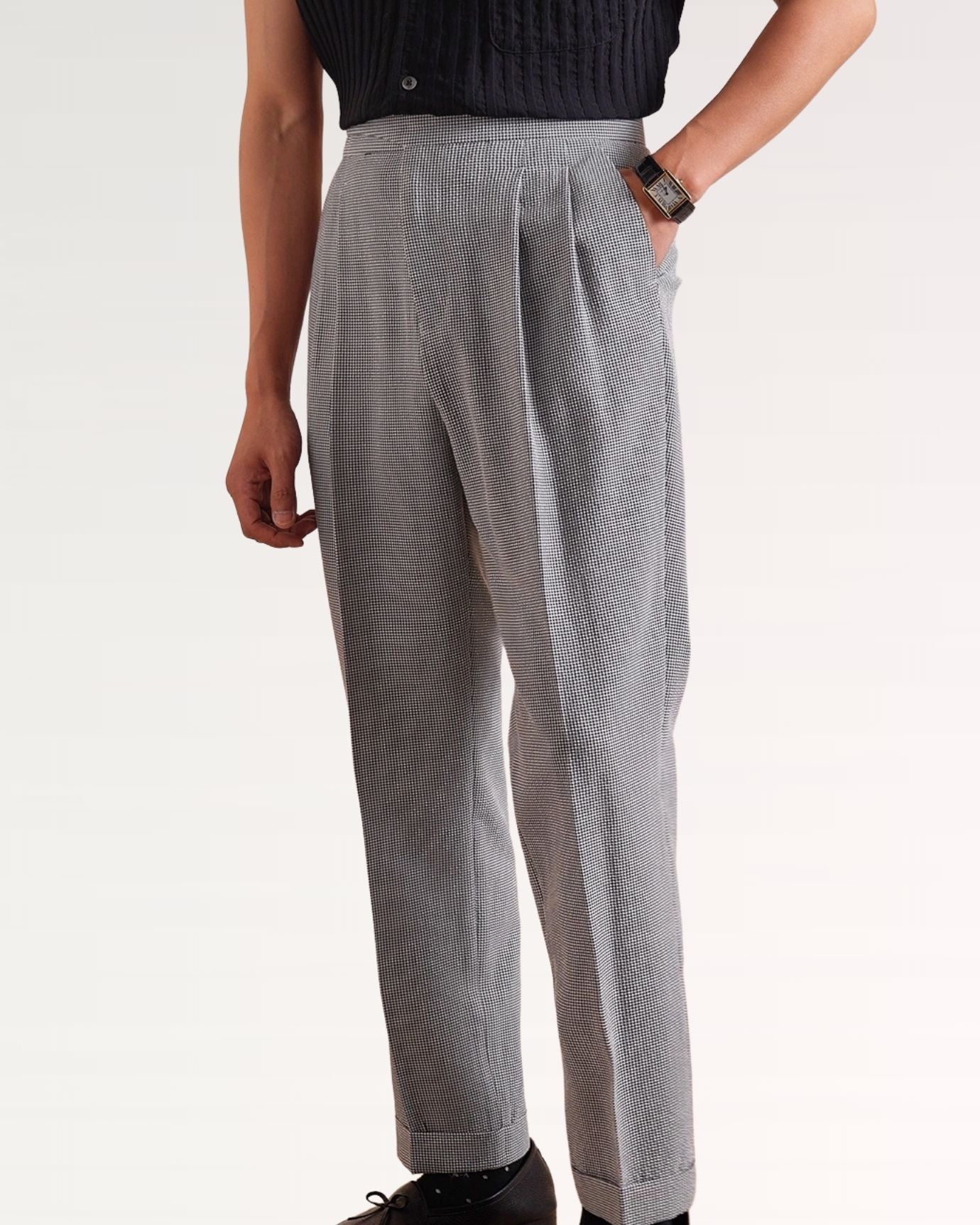 Close-up of fine fabric texture and stitching on breathable Italian trousers