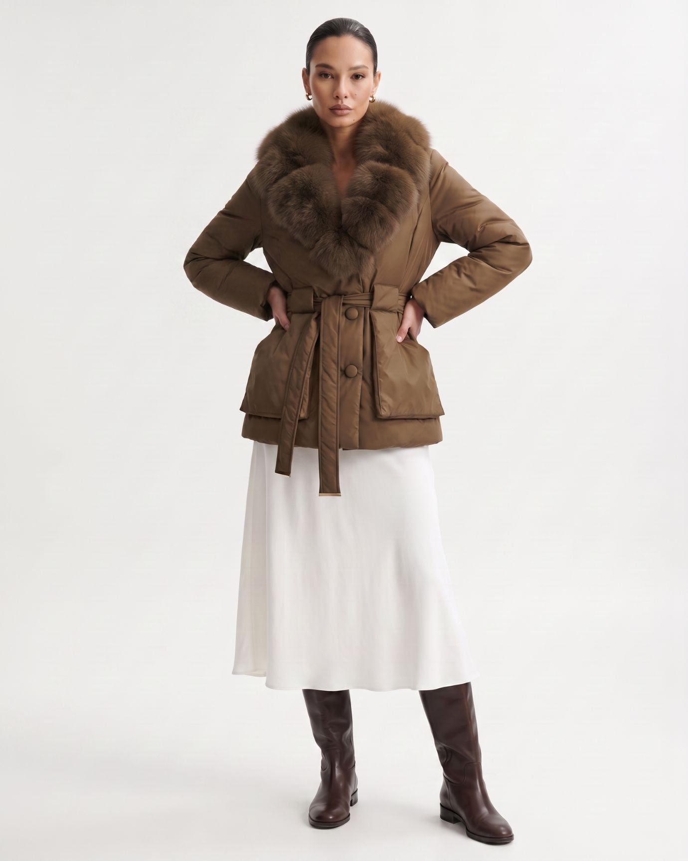 Genuine Fox Fur Collar Duck Down Padded Jacket