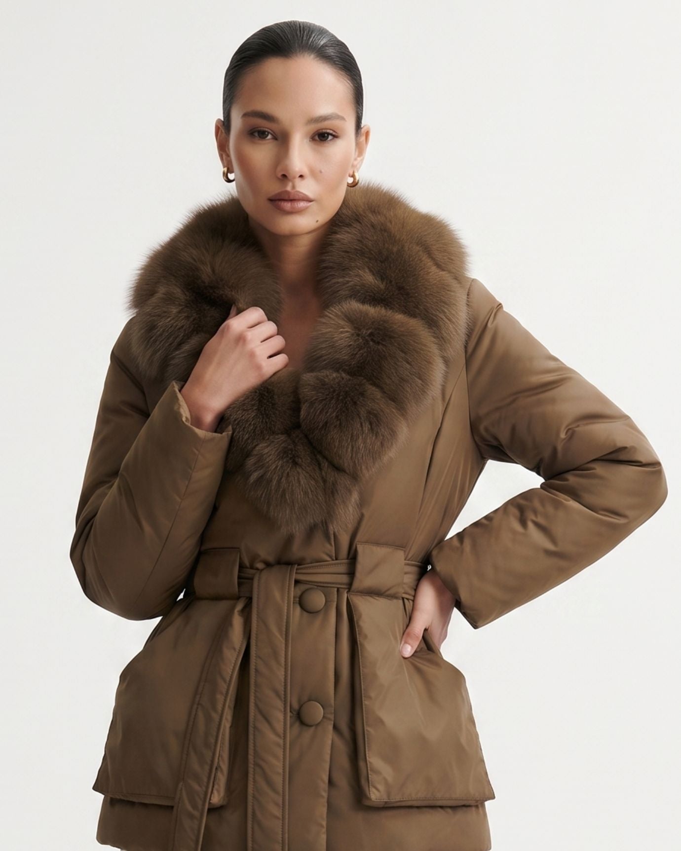 Genuine Fox Fur Collar Duck Down Padded Jacket