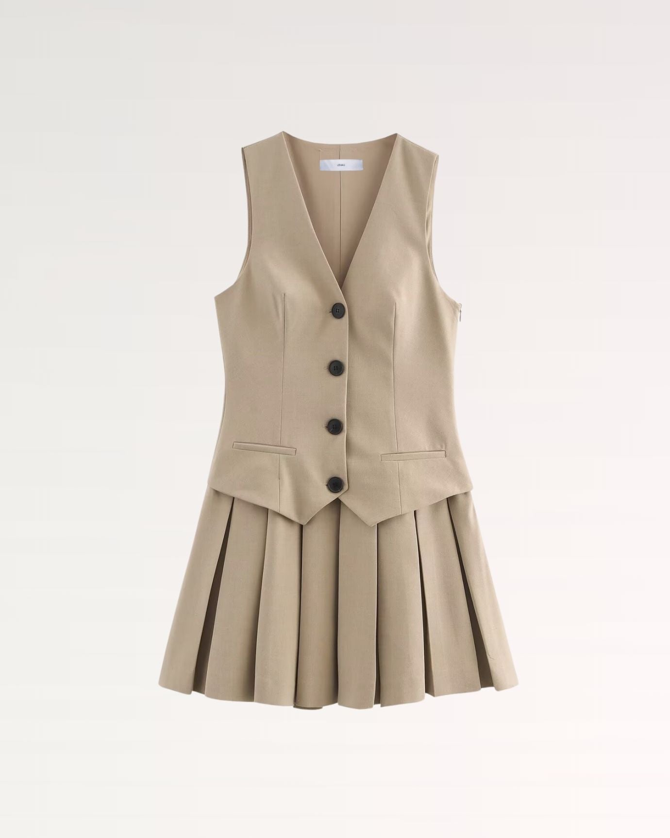 London V-Neck Striped Pleated Dress Khaki