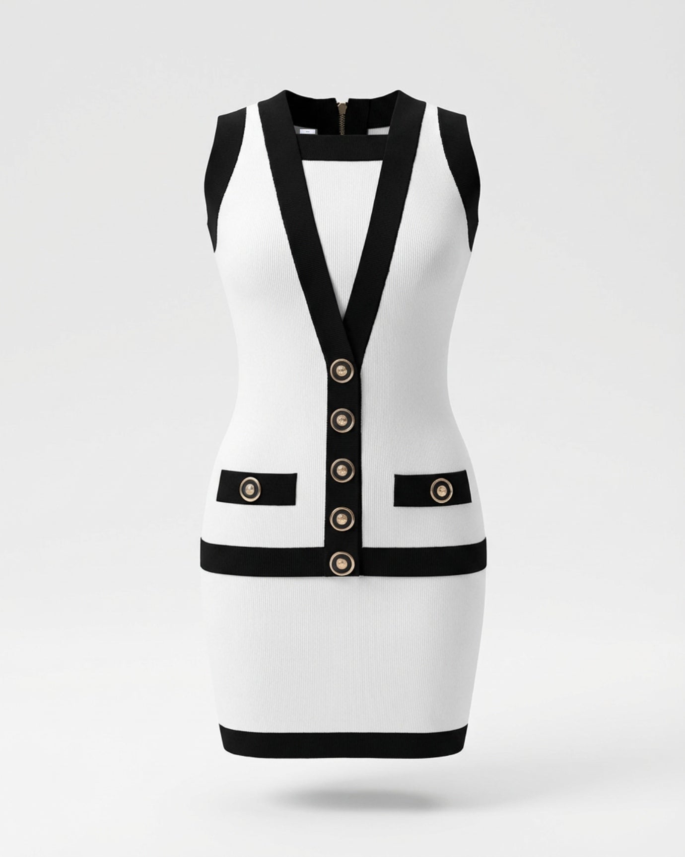 Bodycon Buttoned Stretch Knit Dress, White / L
