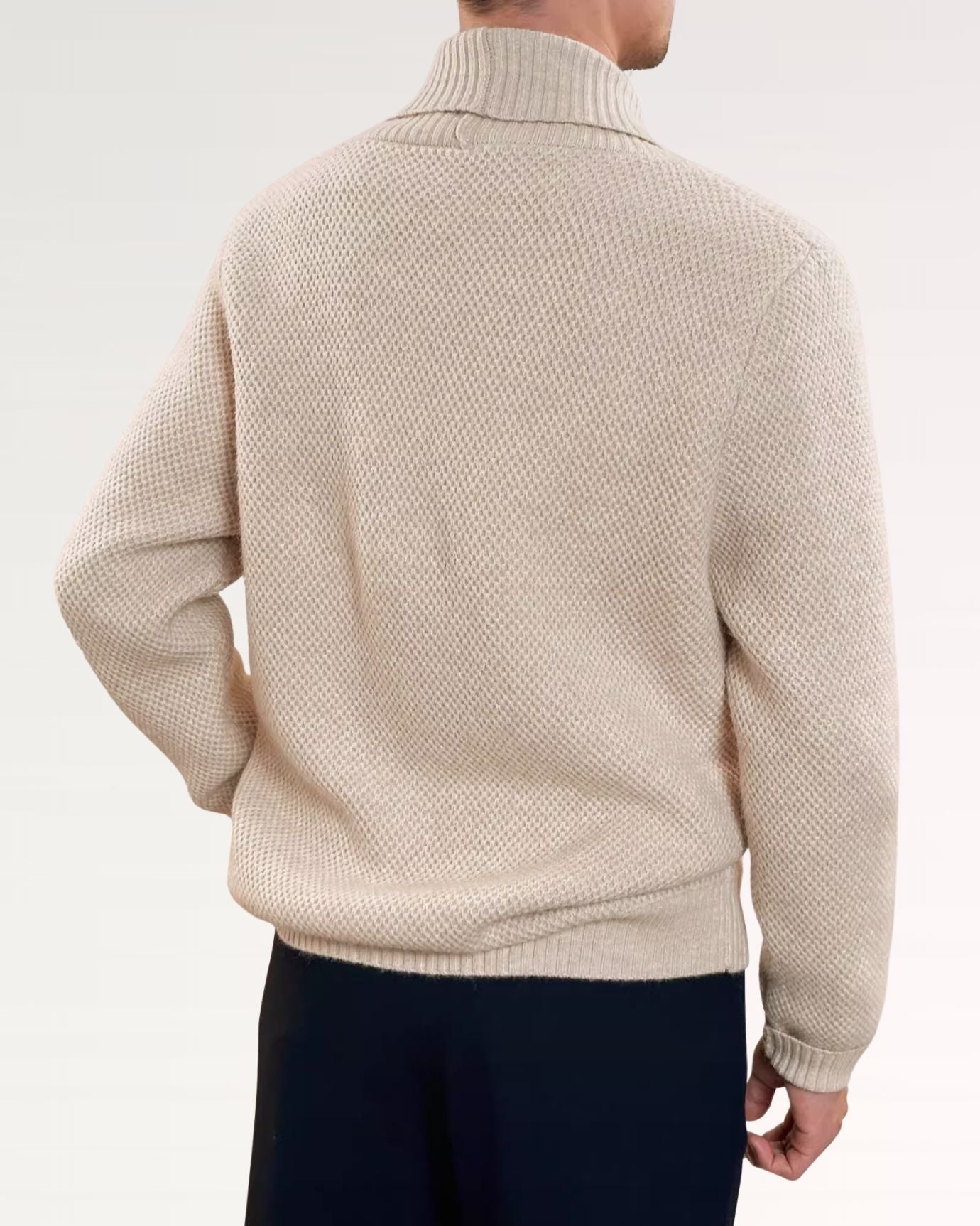 Back of heavyweight cardigan showing dense knit pattern and comfortable fit