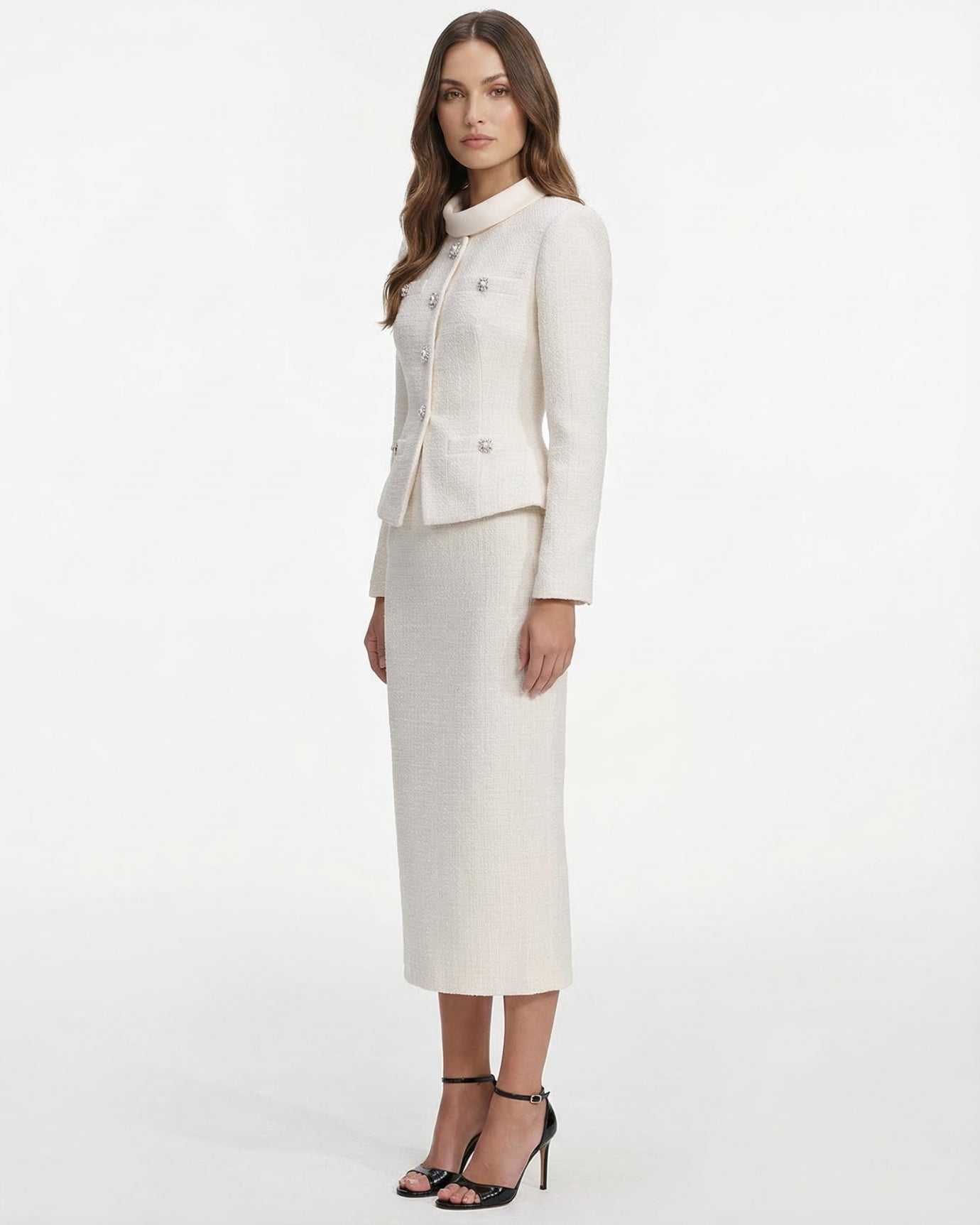 Textured Dress Suit Set Collar Diamond Top & Waist