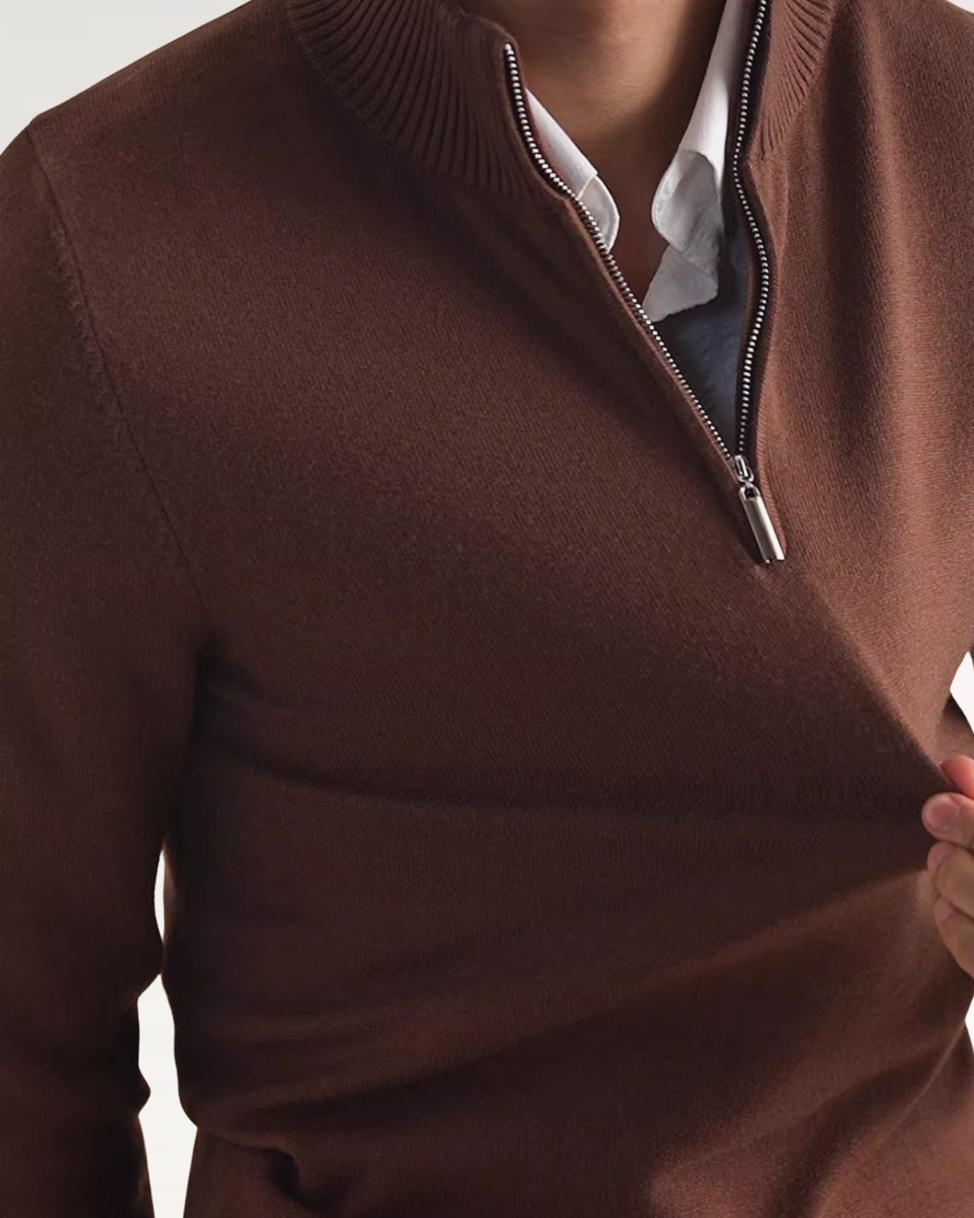 Stylish zip-up sweater for business casual looks – sleek design with comfortable sleeve and torso length