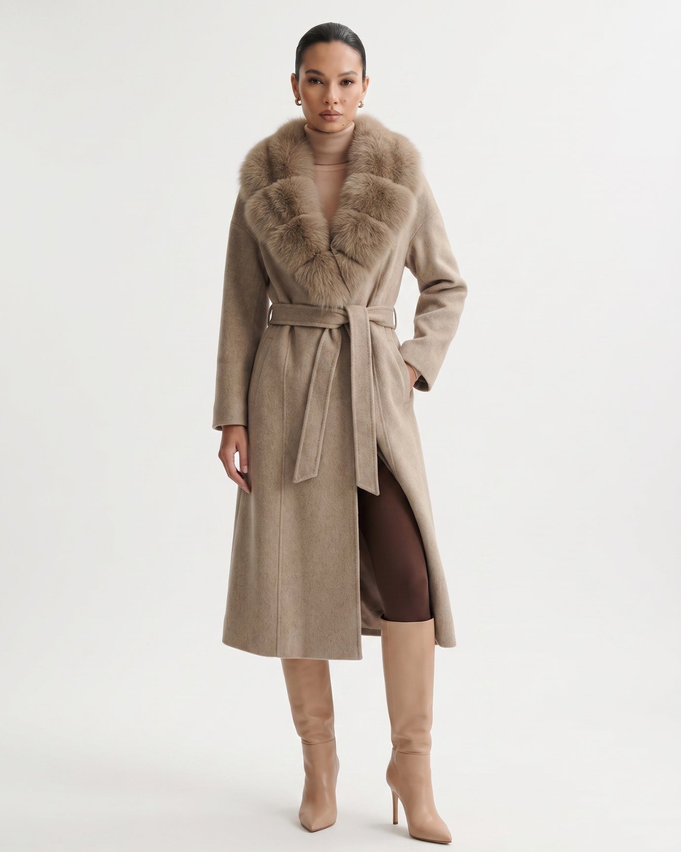 Nevada Wool Coat Real Fox Fur Collar Long Belted
