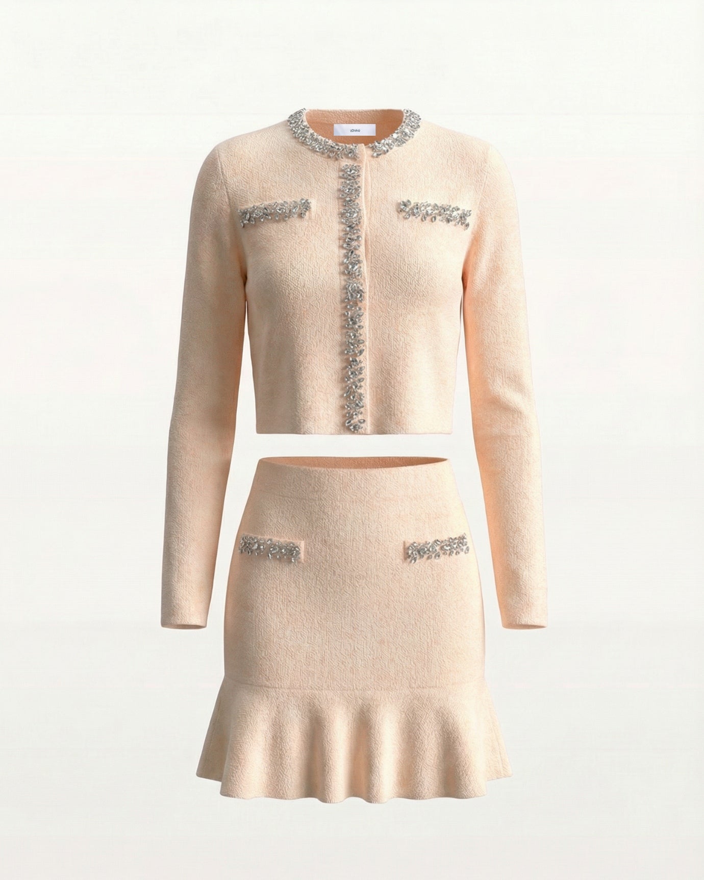 Conjunto de cachemira, cárdigan de punto básico y falda