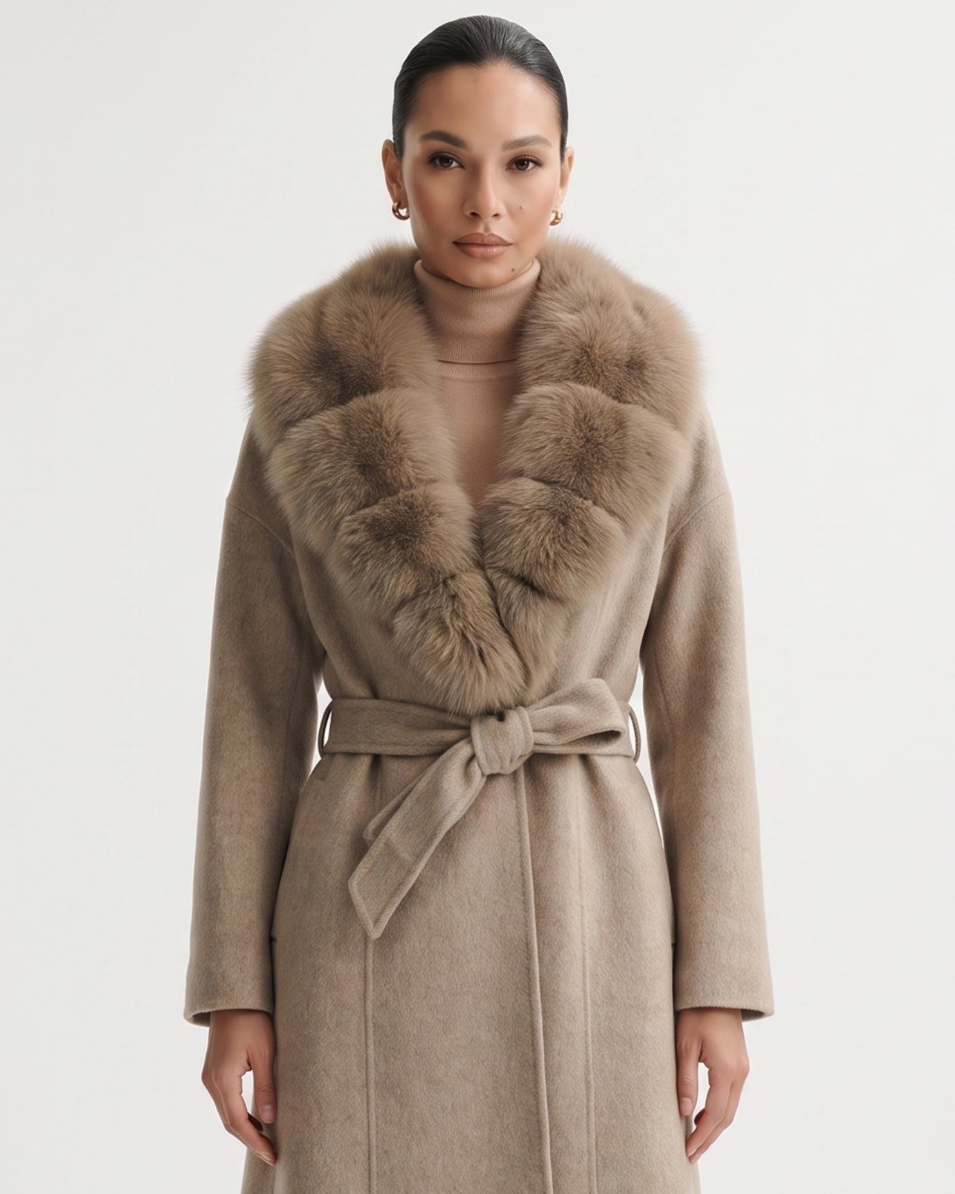 Nevada Wool Coat Real Fox Fur Collar Long Belted