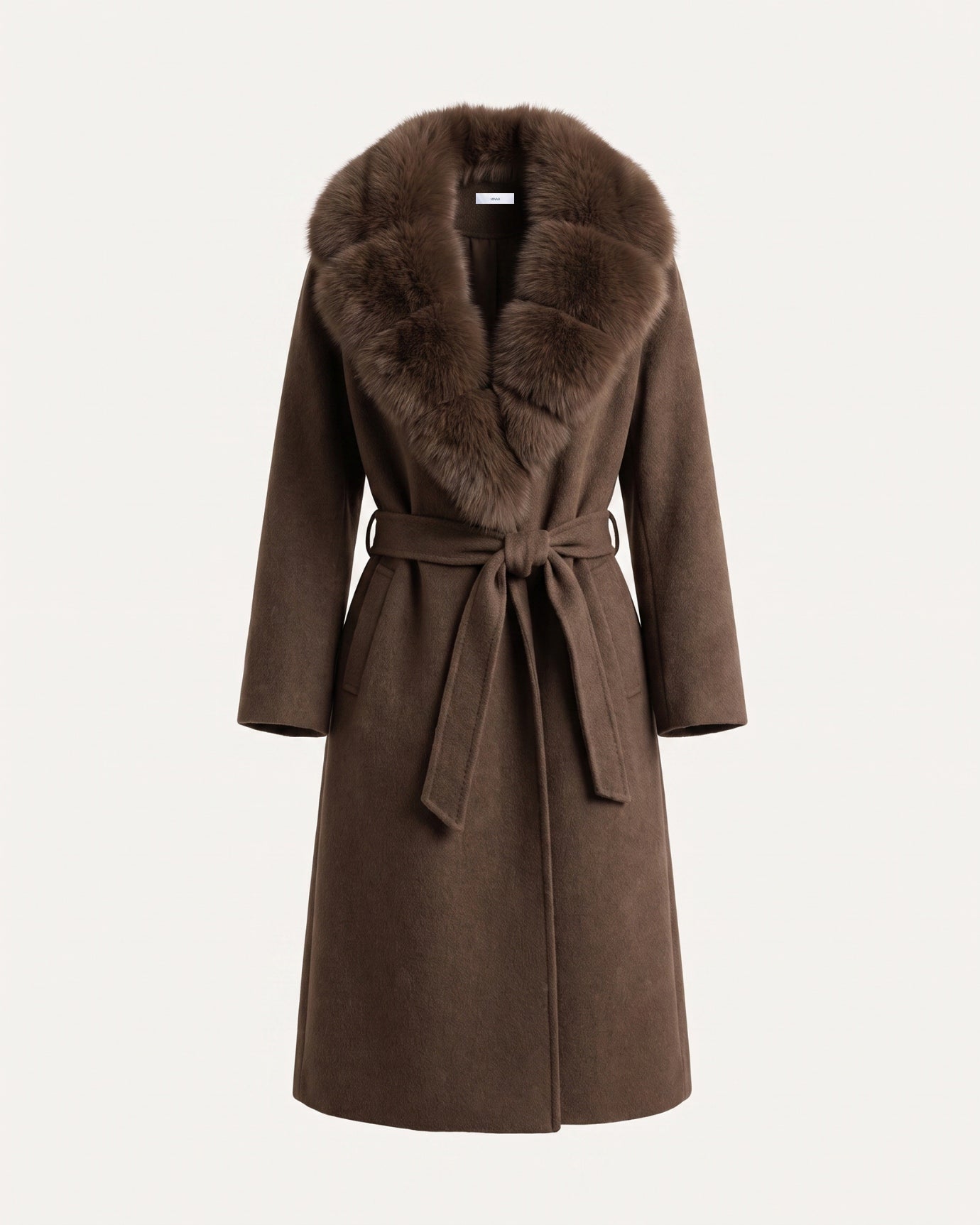 Nevada Wool Coat Real Fox Fur Collar Long Belted
