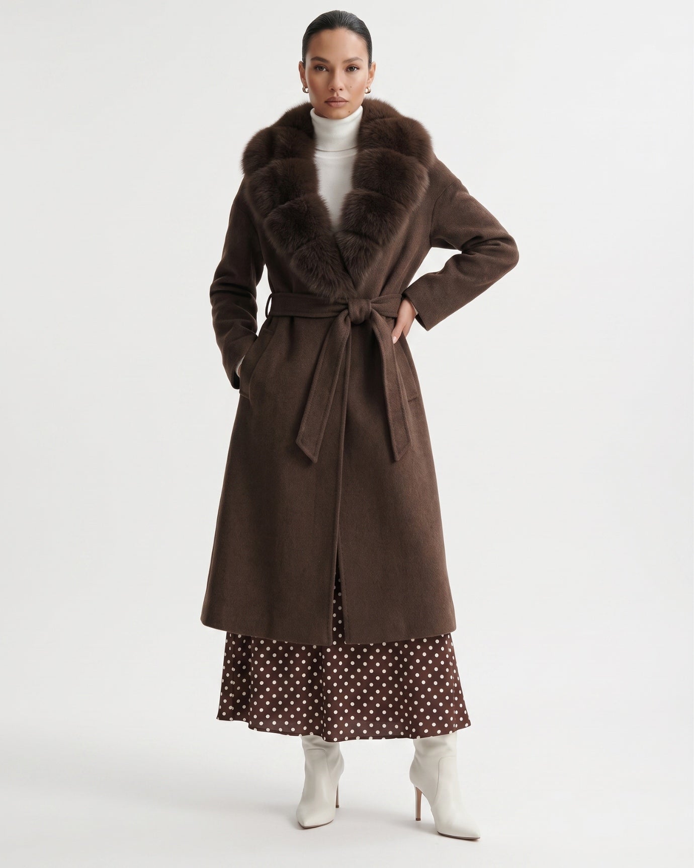 Nevada Wool Coat Real Fox Fur Collar Long Belted