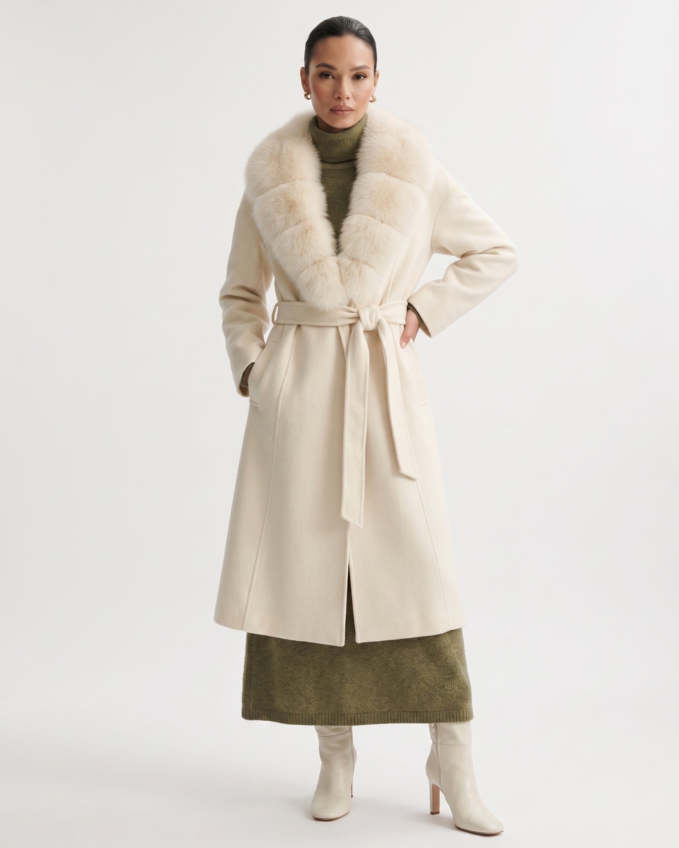 Nevada Wool Coat Real Fox Fur Collar Long Belted