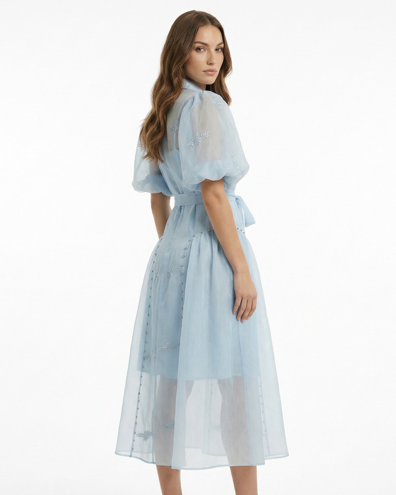 Long Embroidered Dress — Lapel Collar & Tie Waist Detail