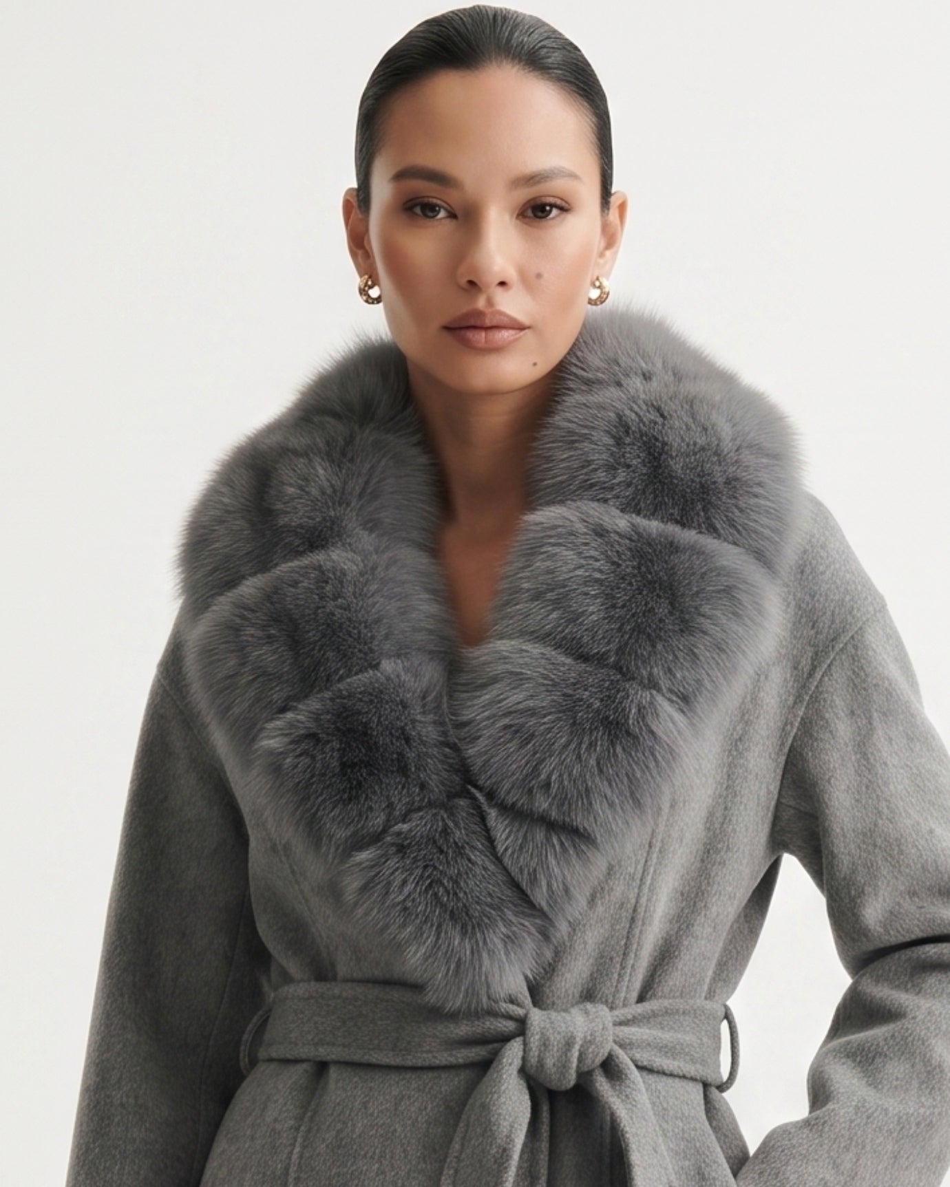 Nevada Wool Coat Real Fox Fur Collar Long Belted