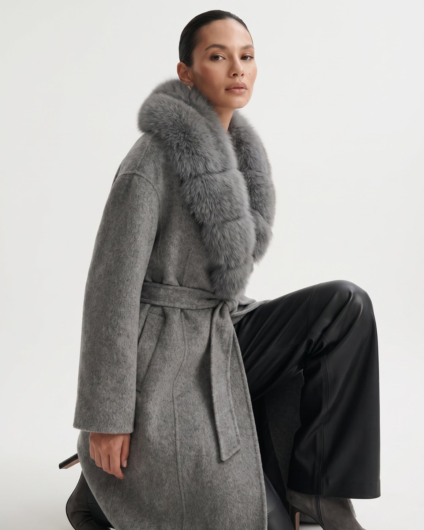 Nevada Wool Coat Real Fox Fur Collar Long Belted