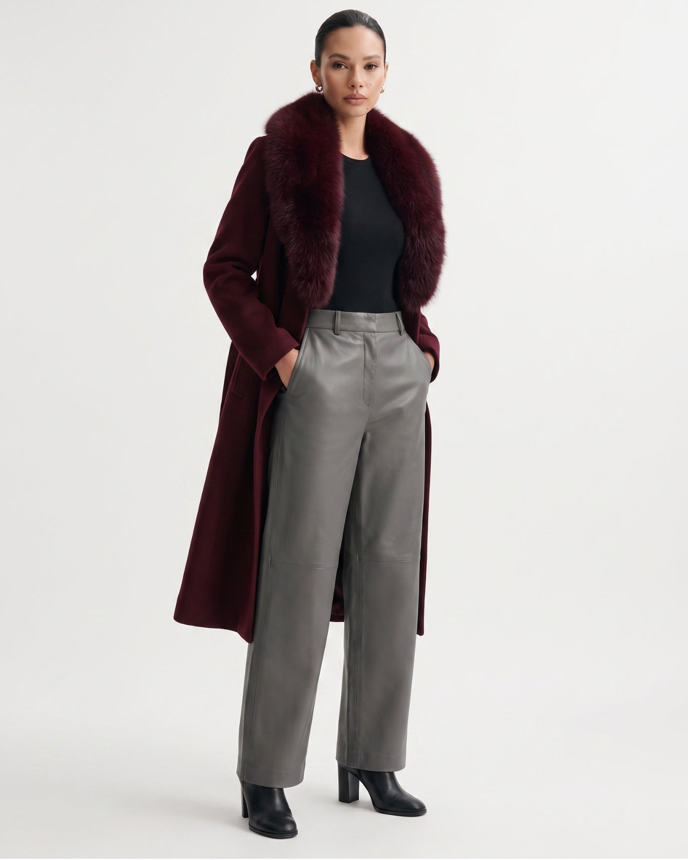 Nevada Wool Coat Real Fox Fur Collar Long Belted