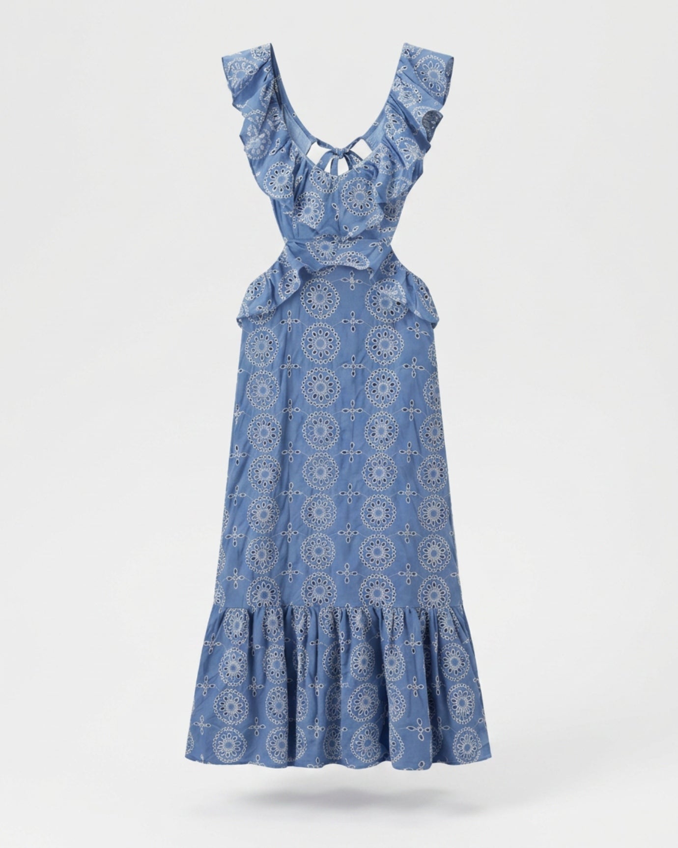 Mykonos Blue Flower Embroidery Dress, Blue Flowers / M