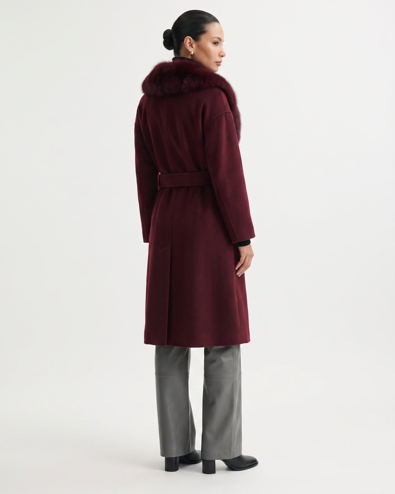 Nevada Wool Coat Real Fox Fur Collar Long Belted