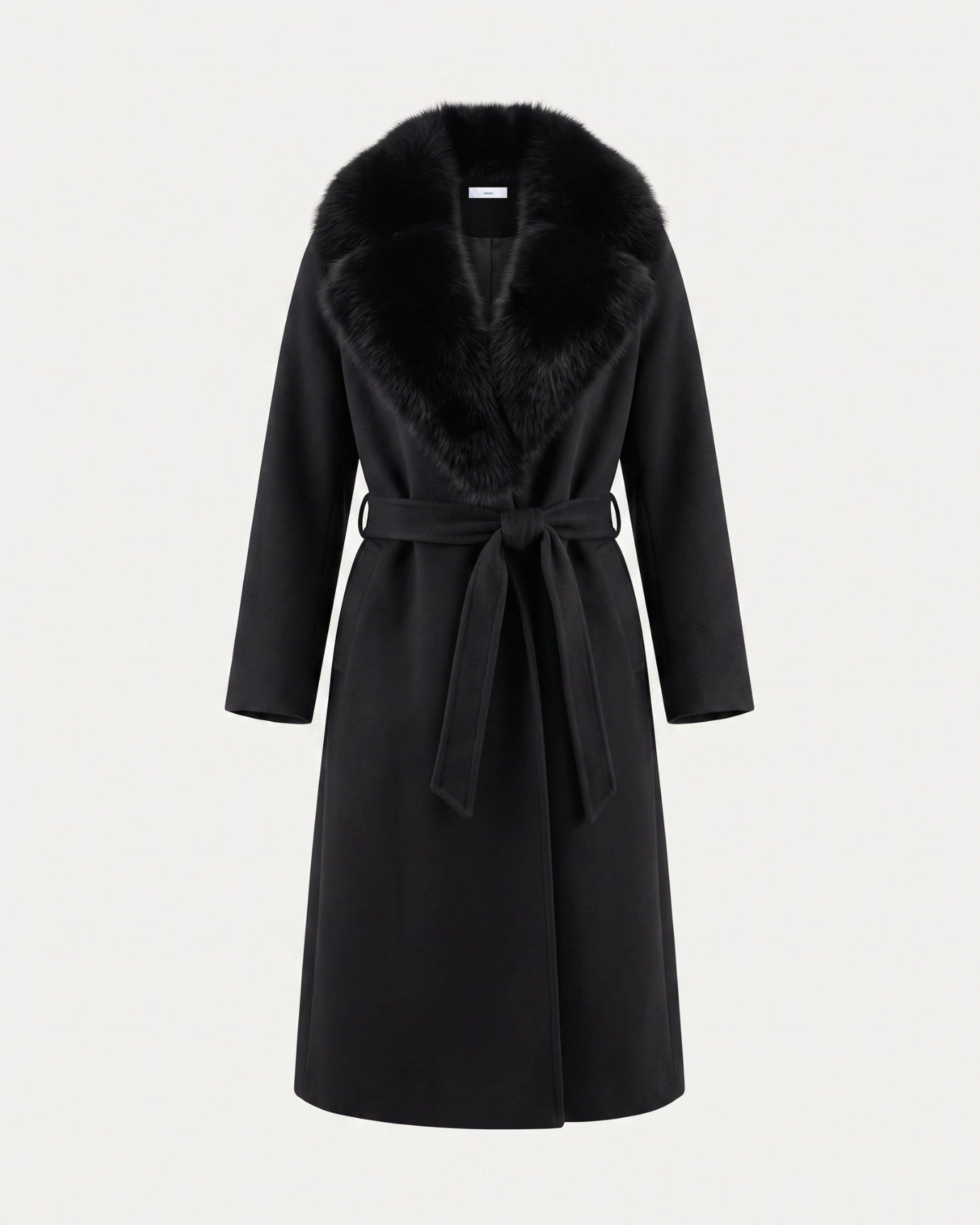 Nevada Wool Coat Real Fox Fur Collar Long Belted