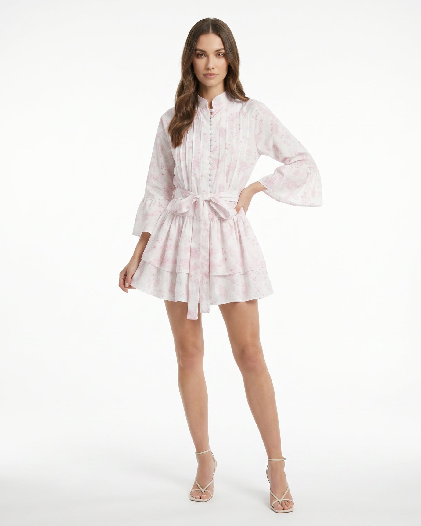 Pink Flowers Lace-Up A-Line Skirt Dress