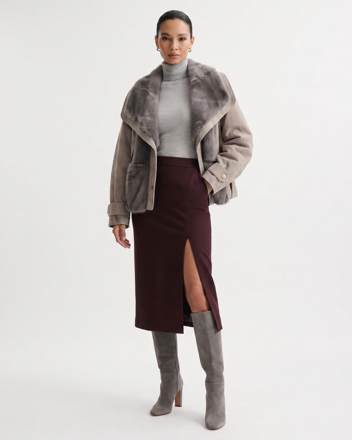 Goose Down Jacket Fur-Integrated Suede Short Coat