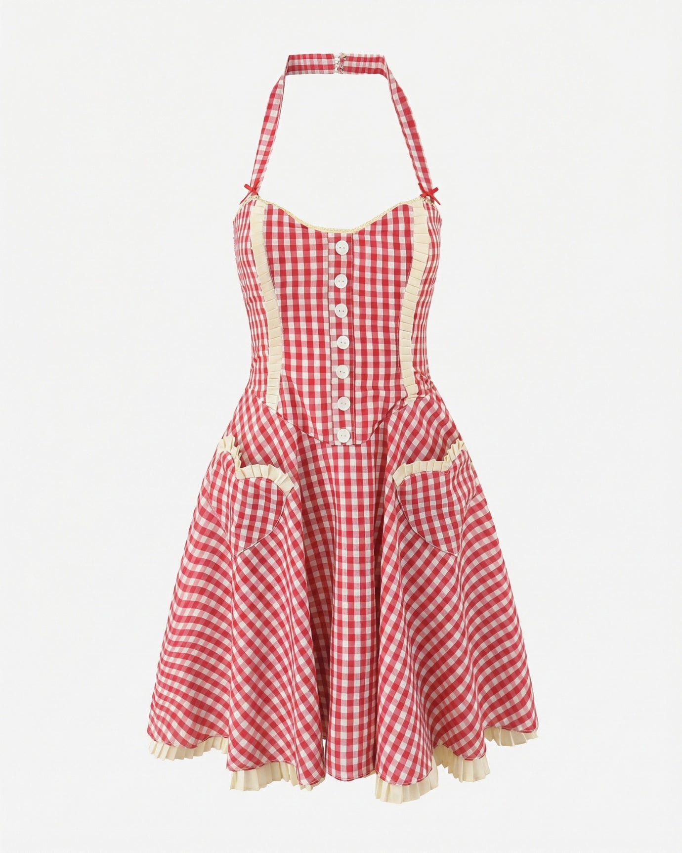 Red Plaid Halter Mini Dress with Heart Pocket, Red / L