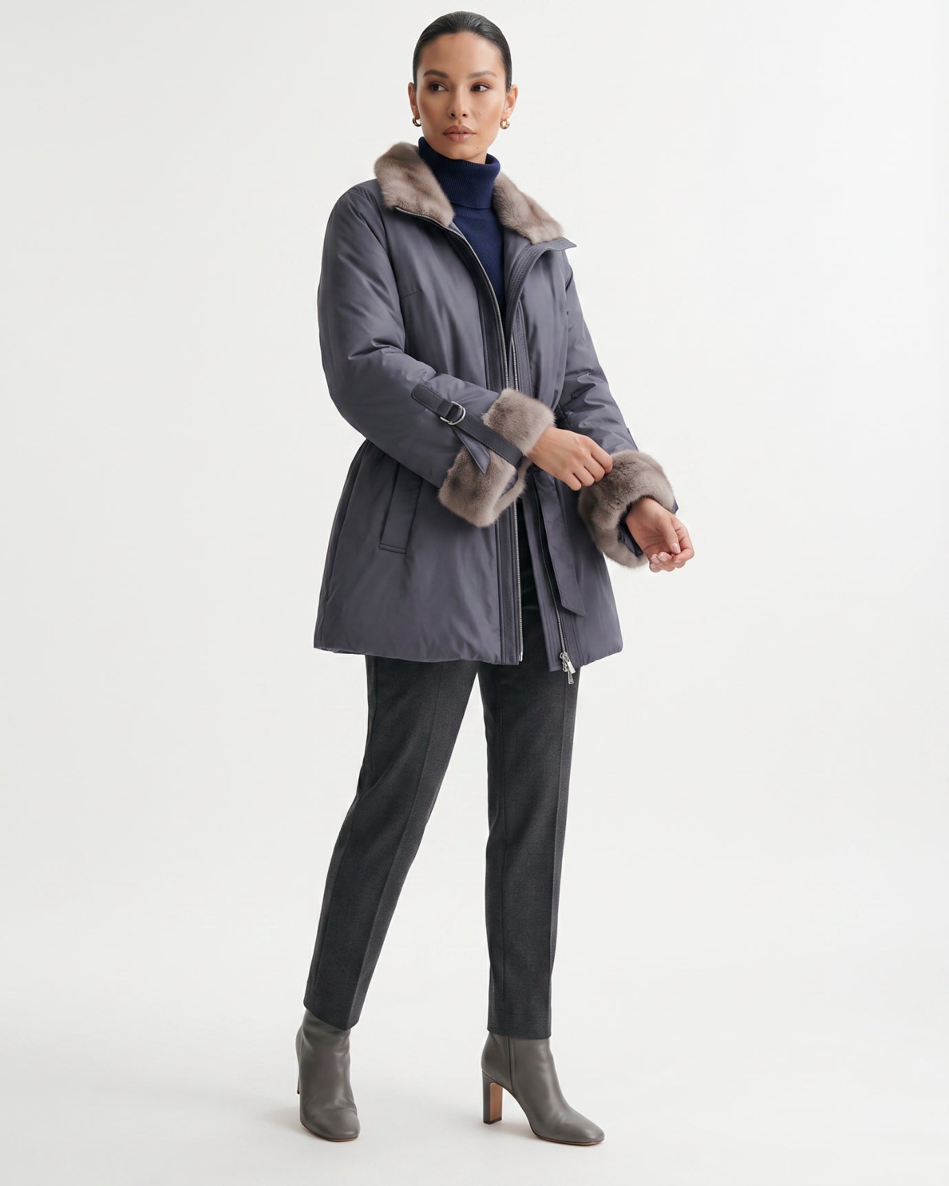 Kira Real Mink Fur Collar Coat Belted Thick Warm