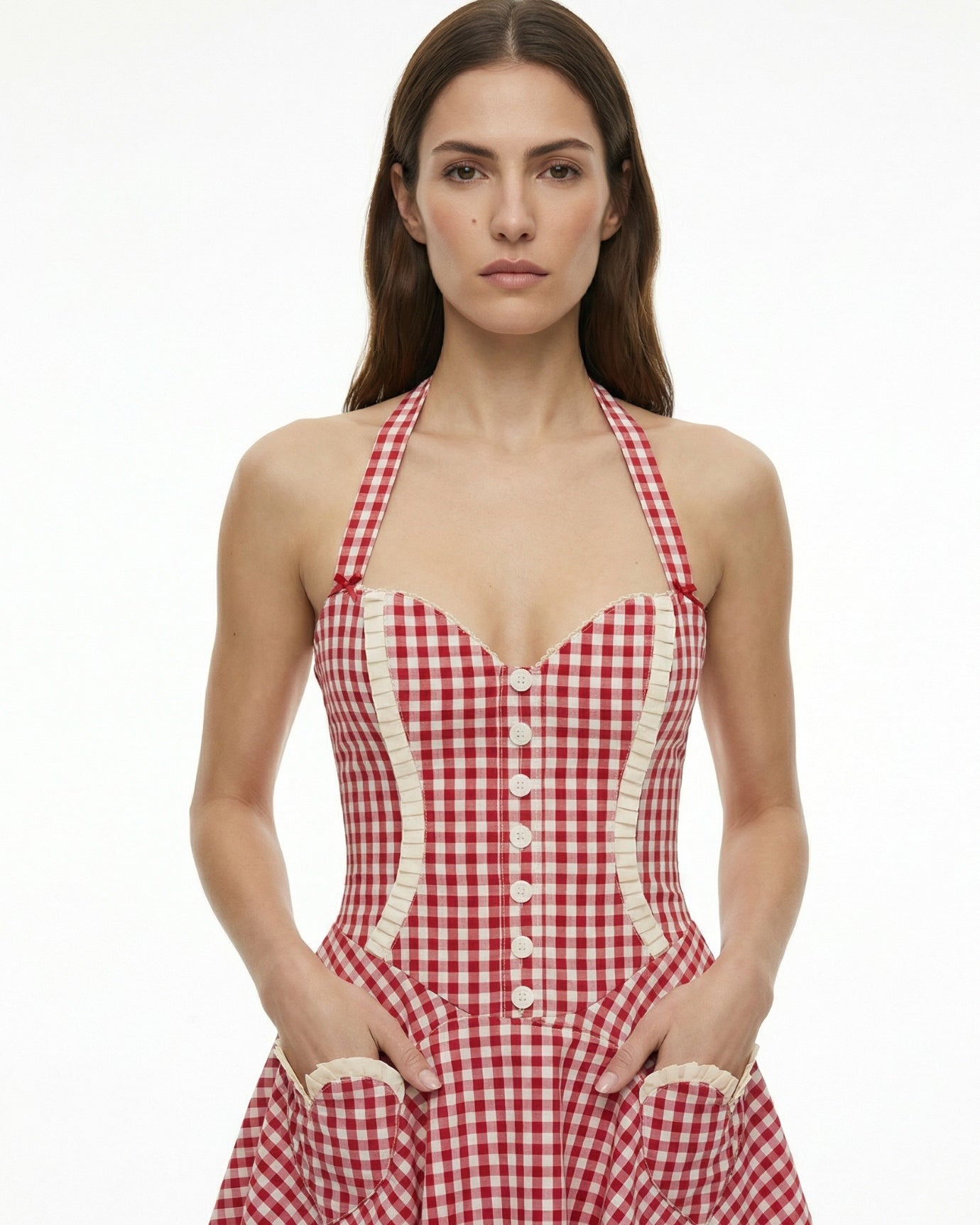 Red Plaid Halter Mini Dress with Heart Pocket