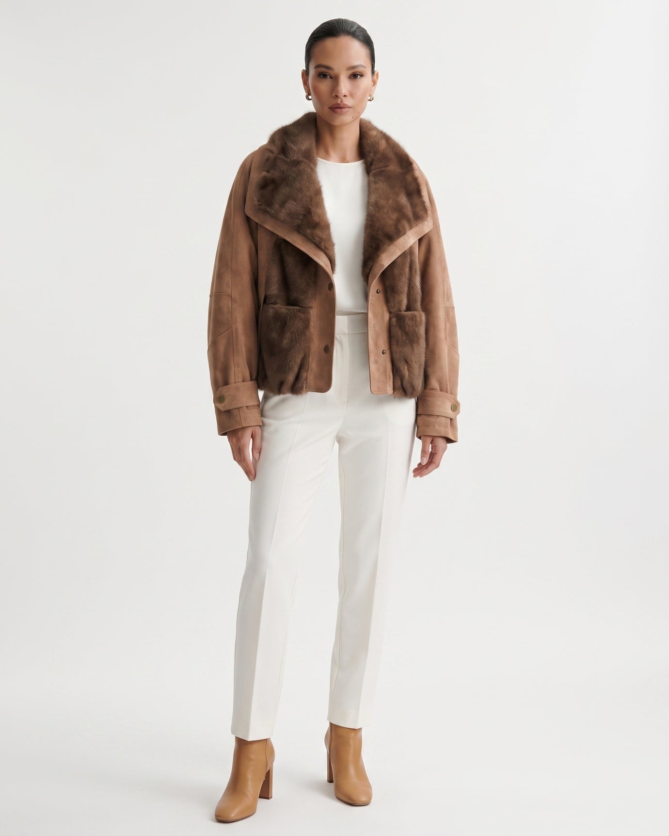 Goose Down Jacket Fur-Integrated Suede Short Coat