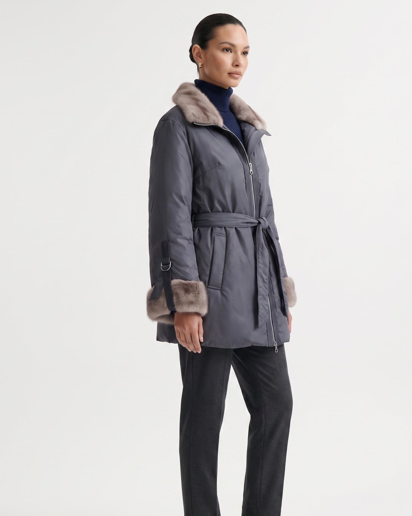 Kira Real Mink Fur Collar Coat Belted Thick Warm