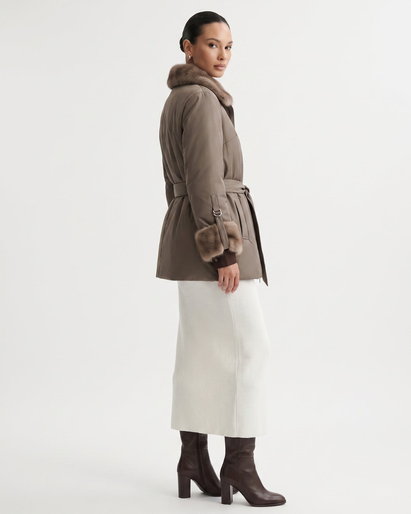 Kira Real Mink Fur Collar Coat Belted Thick Warm
