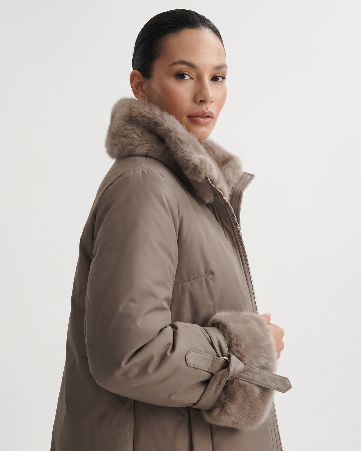 Kira Real Mink Fur Collar Coat Belted Thick Warm