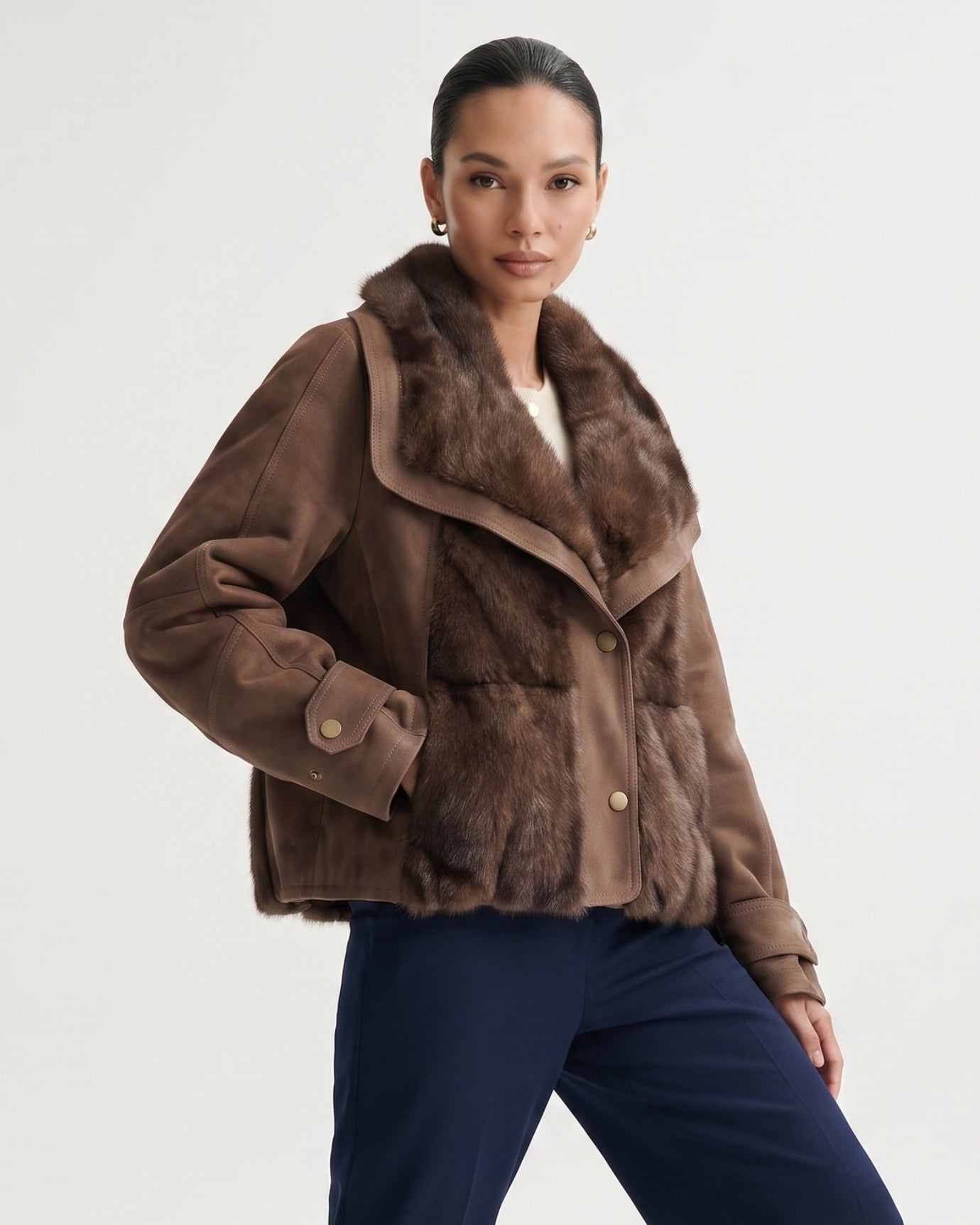 Goose Down Jacket Fur-Integrated Suede Short Coat
