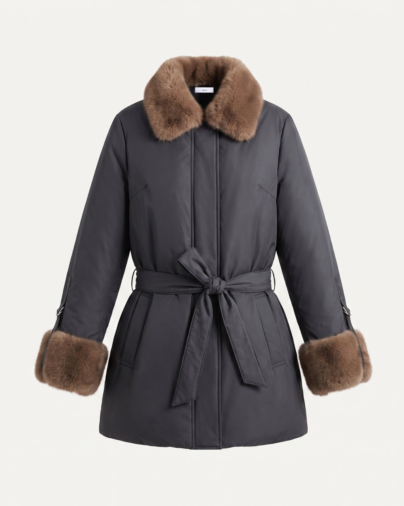 Kira Real Mink Fur Collar Coat Belted Thick Warm