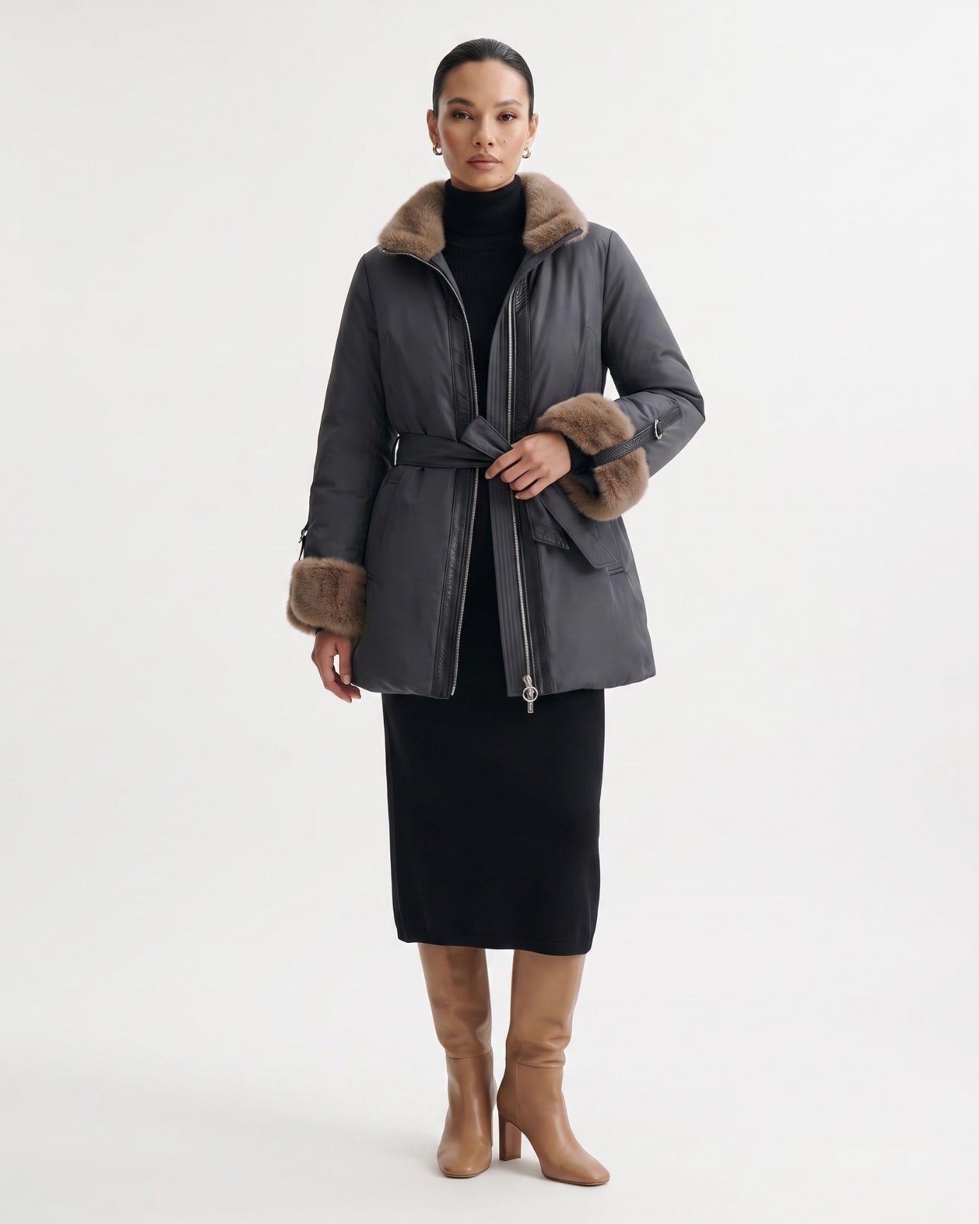 Kira Real Mink Fur Collar Coat Belted Thick Warm