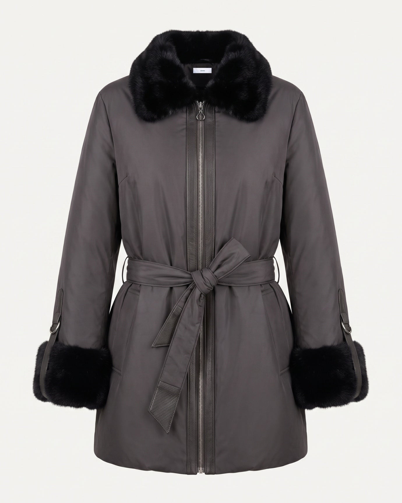 Kira Real Mink Fur Collar Coat Belted Thick Warm